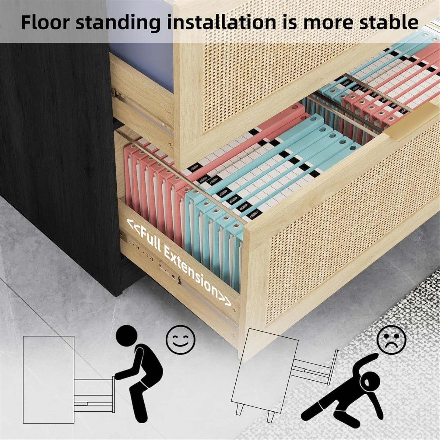 HOPUBUY 2 Drawer File Cabinet with Lock, Printer Stand Lateral Filing Cabinets for Home Office and School, Wood Rattan File Cabinet for Hanging Files/Letter/Legal/A4/F4 Size, Black