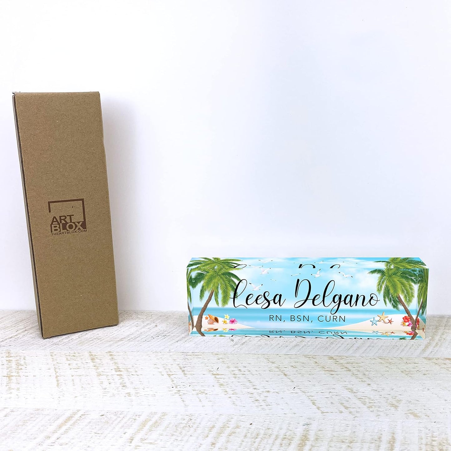 Artblox Office Desk Name Plate Personalized | Custom Name Plates for Desks | Sea Beach Design On Clear Acrylic Glass | Office Desk Decor - (8" x 2.5")