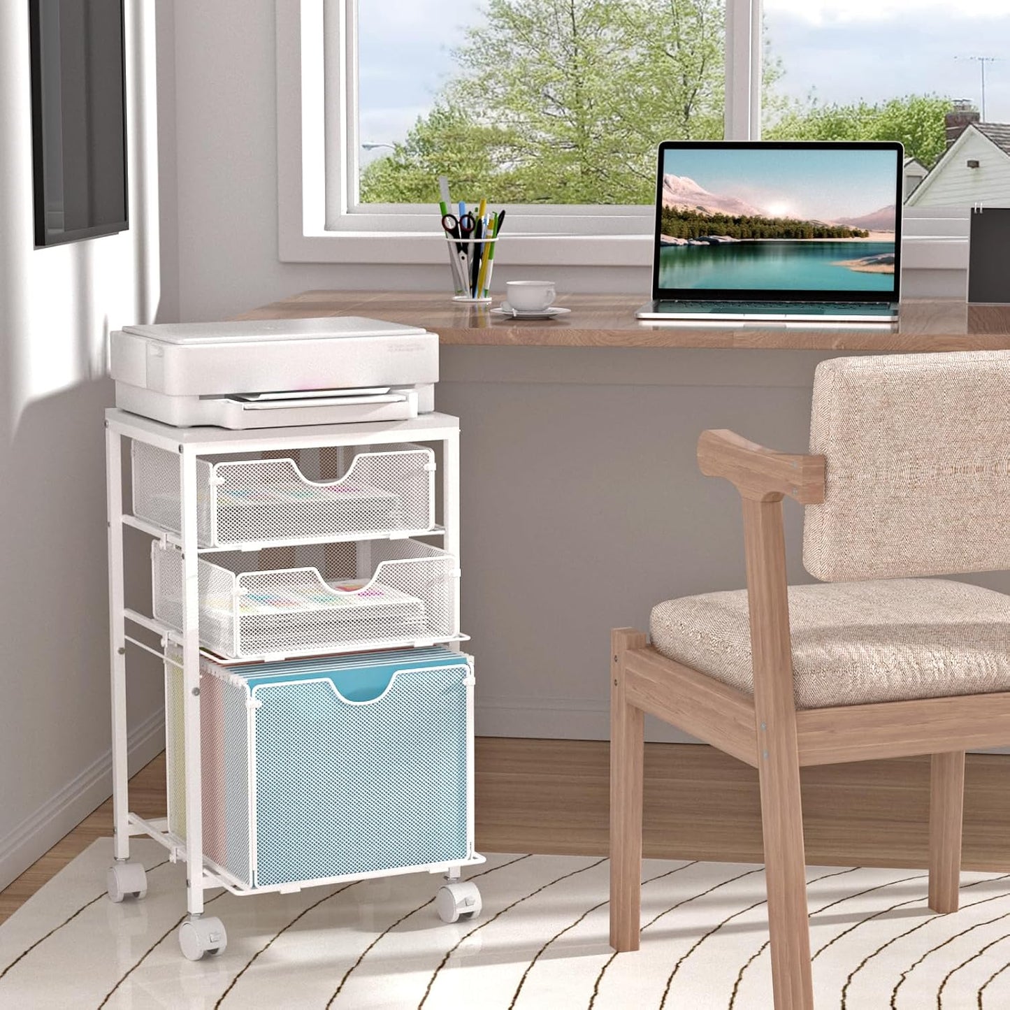 Rolling File Cart with 3 Storage Drawers, Wood & Mesh Hanging File Folder Organizer with Wheels Under Desk, File Cabinets for Home Office, 11.81" D x 14.8" W x 25.39" H, White