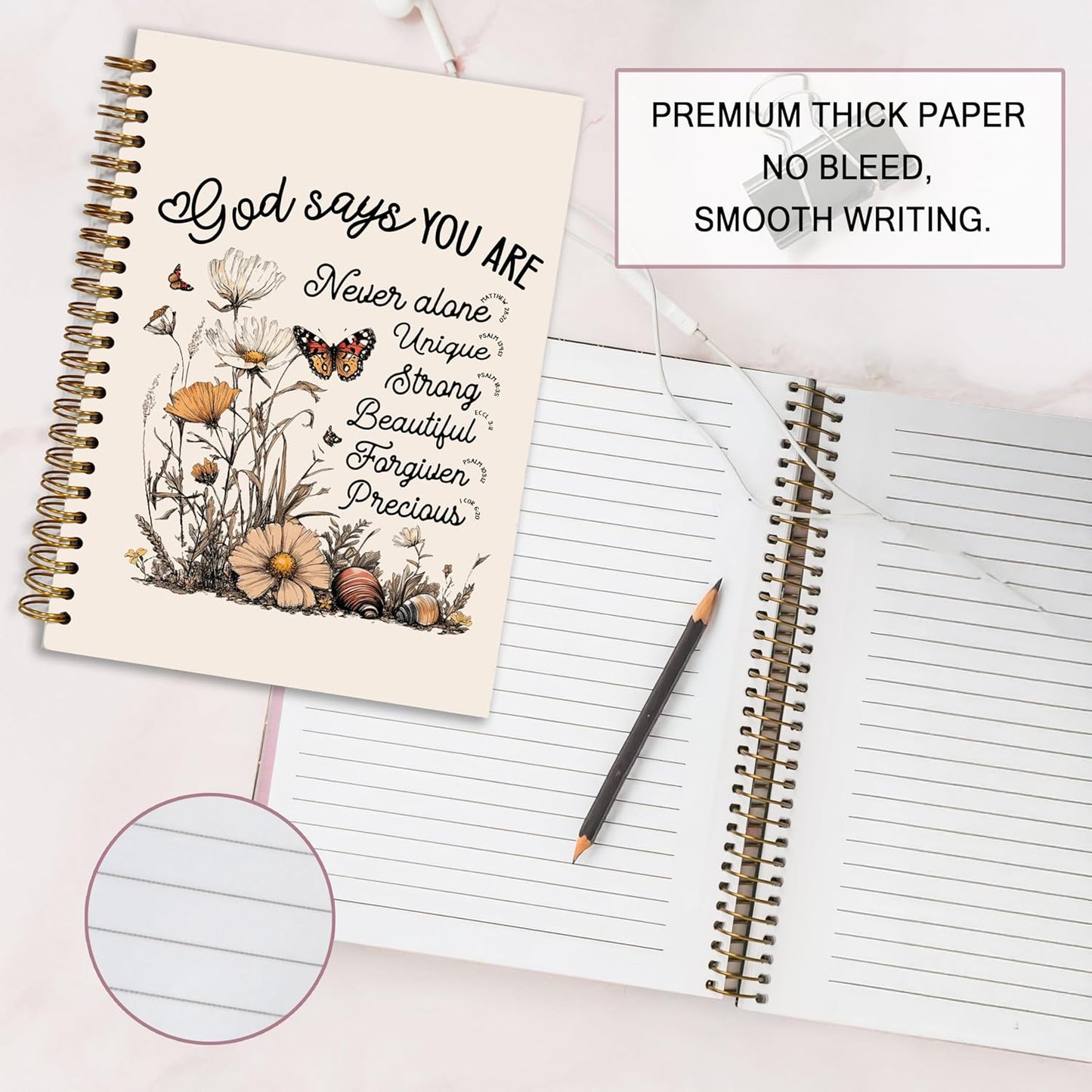 Bible Notebook, A5 Spiral Christian Journal with Floral Notebook, Bible Verse-God Says You Are, Inspirational Notebooks for Women, Bible Study, Gift for Birthday Christmas