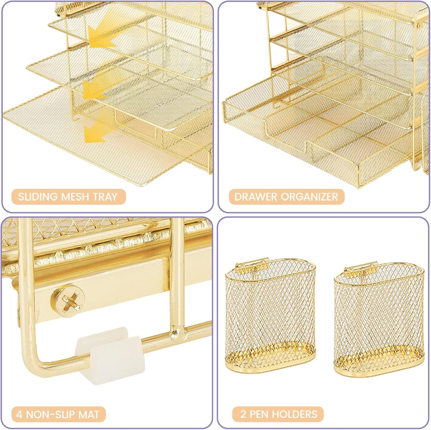 Desk Organizers and Accessories, 5-Tier Paper File Organizer with Drawer & Pen Holder, Office Desk Accessories Workspace Desktop Organizer for Office Supplies(Gold)