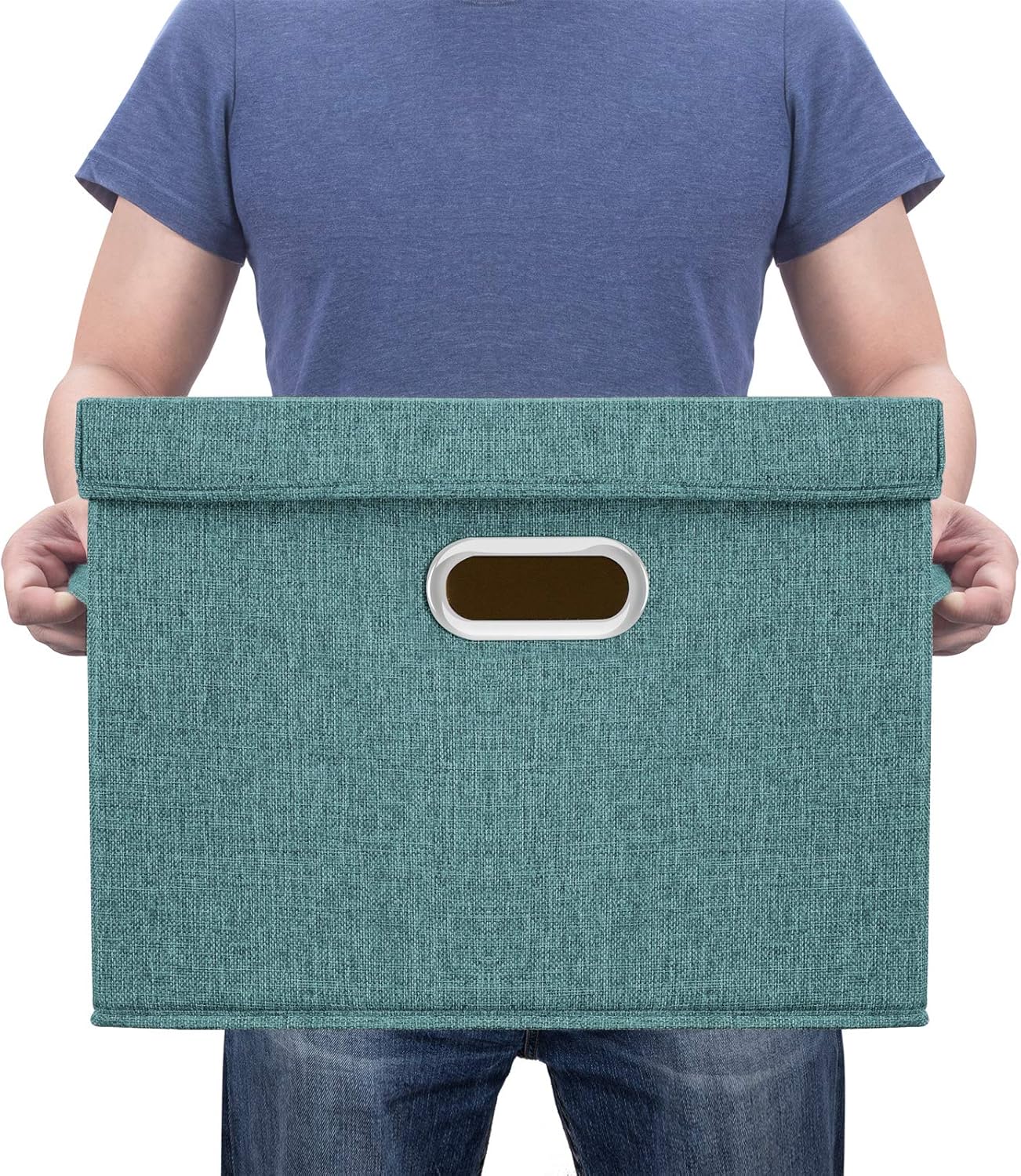 TYEERS Large Storage Bins with Lids, Collapsible, Washable, Fabric Storage Boxes for Organizing, 17.3x11.8x11.4 inches, 3 Pack, Aqua Deep