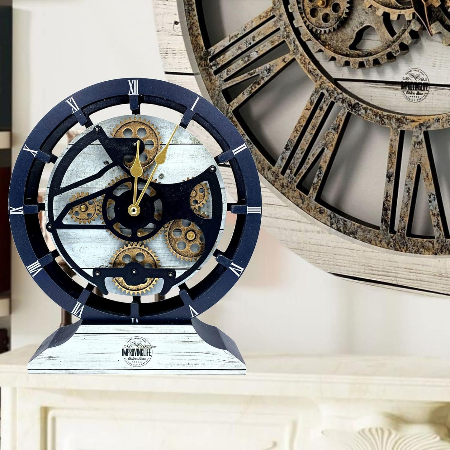 The Gears Clock Desk Clock 10 inches with Real Moving Gears Convertible into Wall Clock (White Farmhouse)