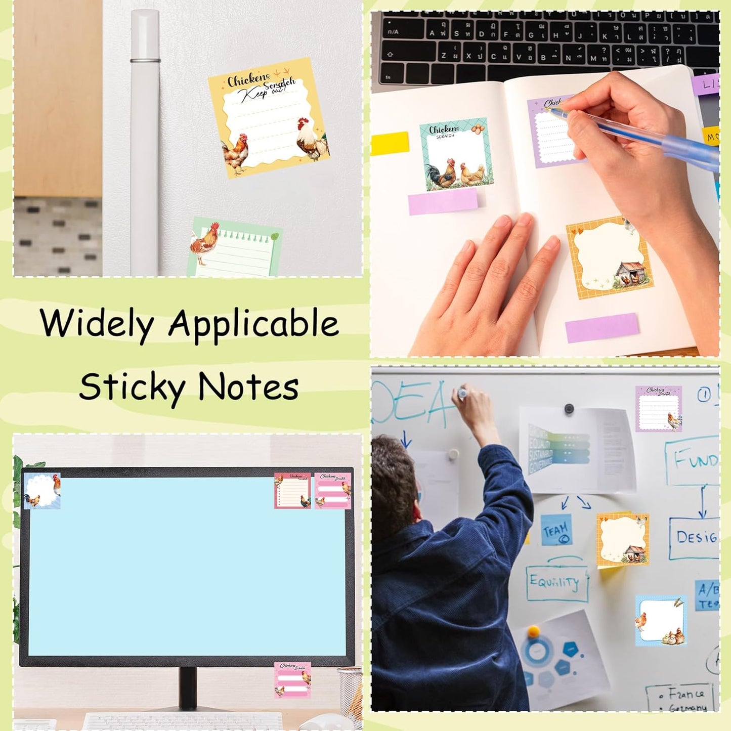 9 Pack Farm Chicken Sticky Notes Set, 450 Sheets Cute Hen and Rooster Self-Stick Notepads with Country Coop Designs, Fun Gifts for Women Chicken Lovers or Office Use