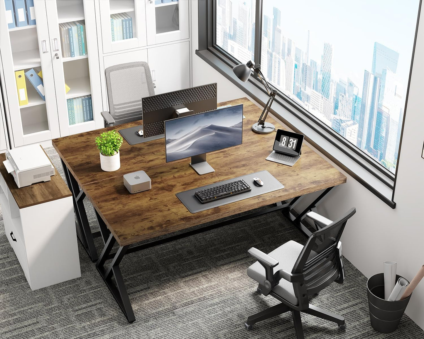 LVB Rustic Computer Desk, Metal Wood Home Office Desk, Industrial Simple Study Executive Desk for Writing Work, Wooden Student Gaming Computer PC Table with Storage for Bedroom, 55 Inch, Rustic Brown