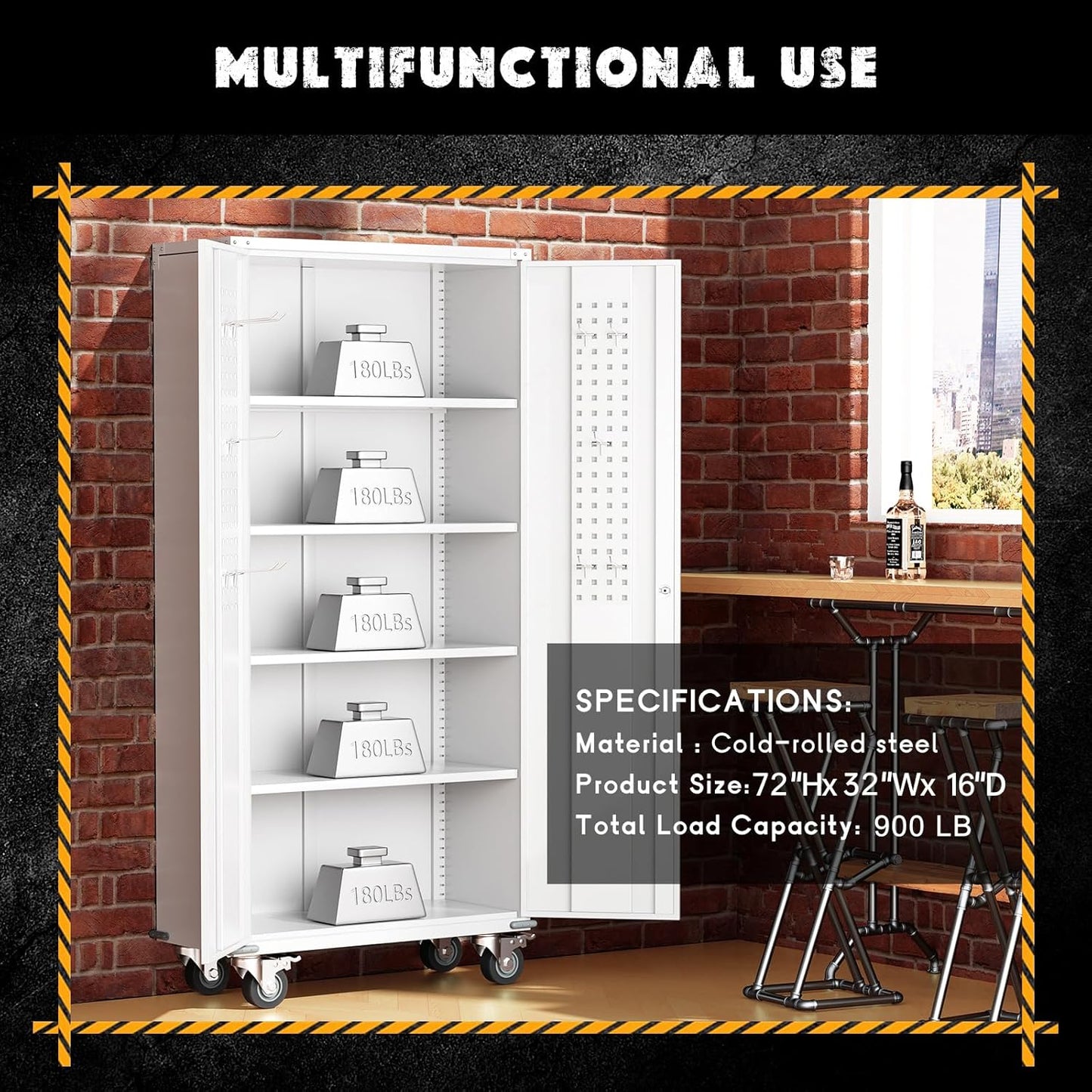 Greenvelly 72" Metal Storage Cabinet with Wheel and Pegboard, Lockable White Metal Garage Cabinets with 2 Doors and 4 Adjustable Shelves, Rolling Steel Tool Cabinet for Garage, Home Office, School