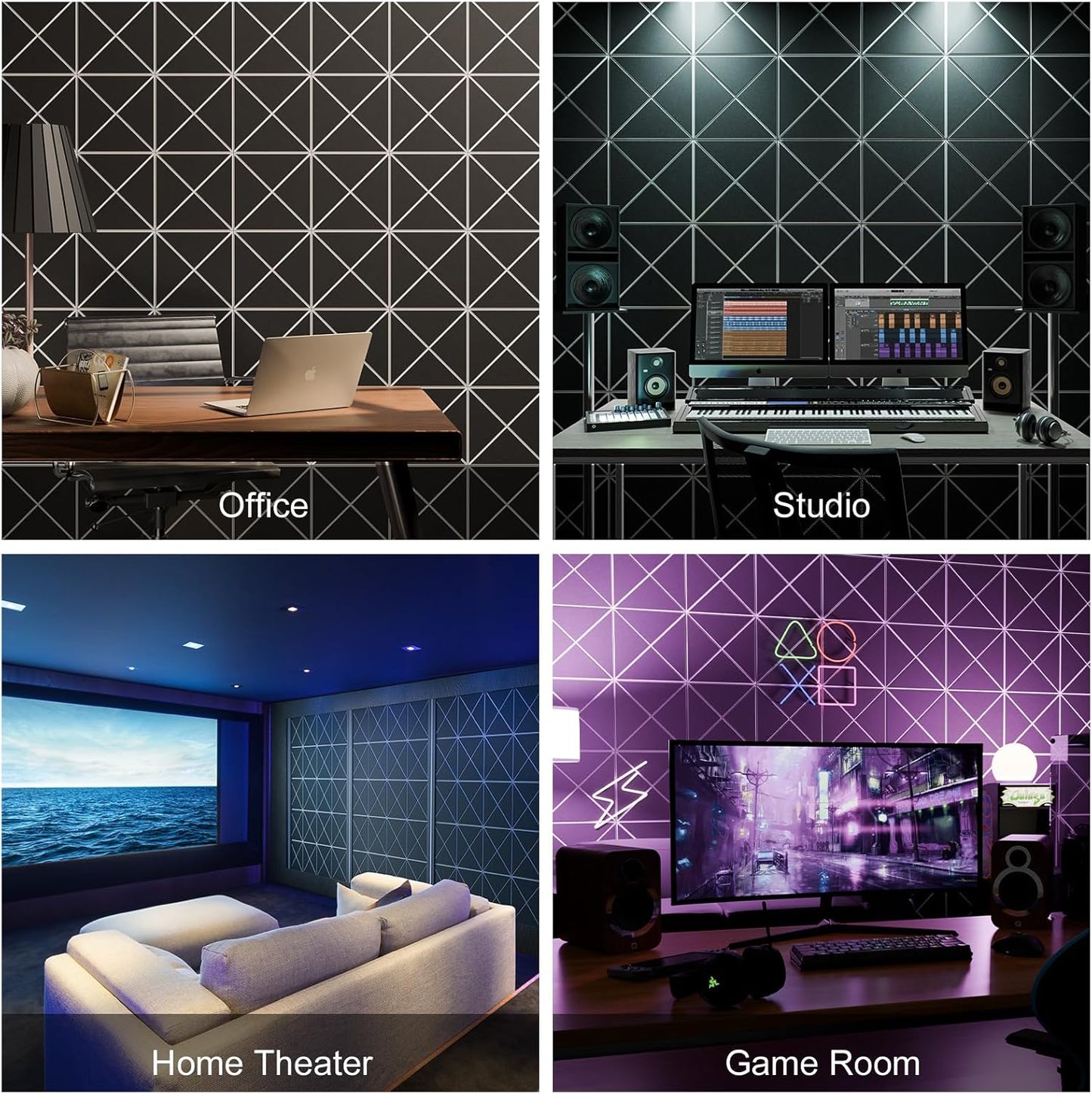 Sonicism 20 Pack X-Lined Acoustic Panels with Self-Adhesive, 12" X 12" X 0.4" Sound Proof Foam Panels, Decorative Soundproof Wall Panels, Sound Proofing Panels for Home & Office (WhiteBase+BlackFace)