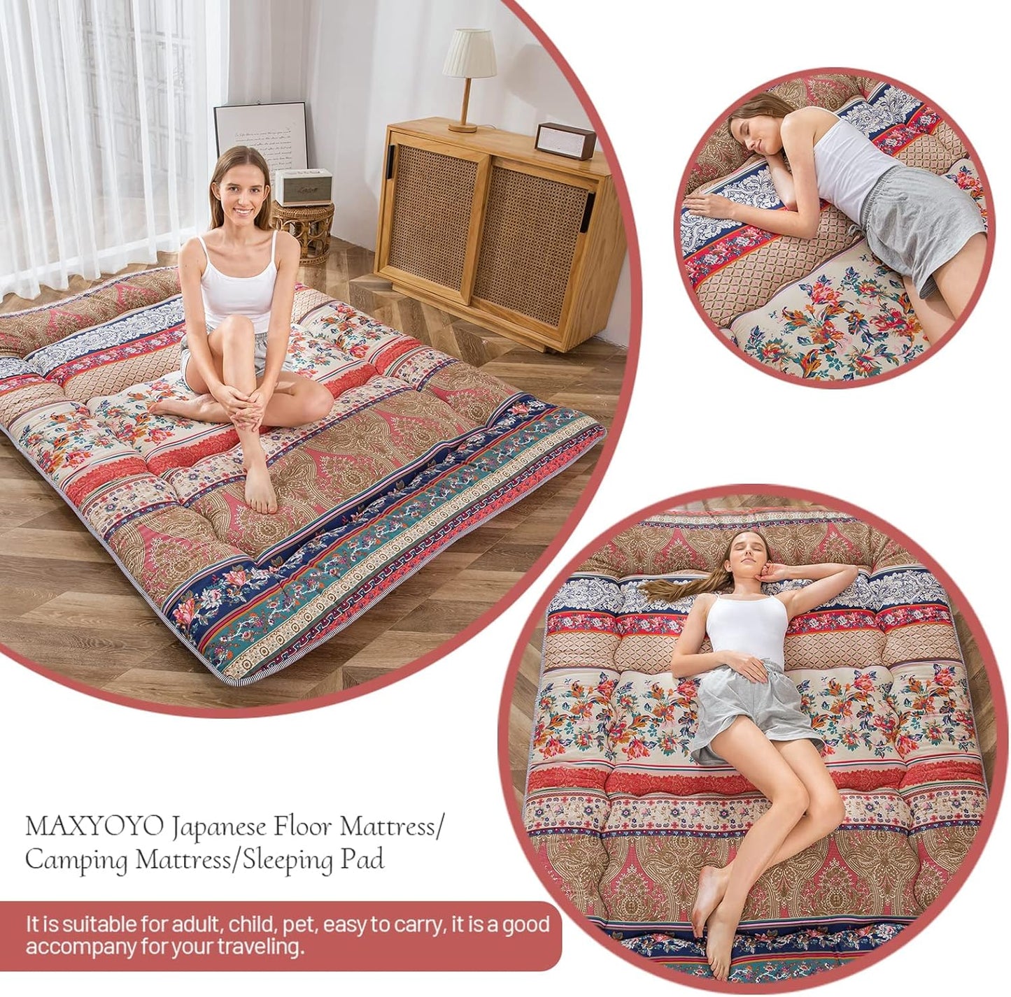 MAXYOYO Bohemian Retro Floor Mattress Vintage Floral Japanese Futon Mattress Roll Up Thicken Sleeping Bed Portable Camping Mattress Floor Lounger Couch Bed Mattress Pad Queen