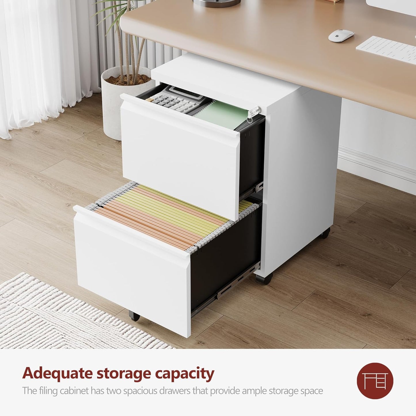 2 Drawer File Cabinet,Mobile Filing Cabinet with Lock and Wheels,Fully Assembled Metal Under Desk File Cabinets for A4/Letter/Legal Size(White