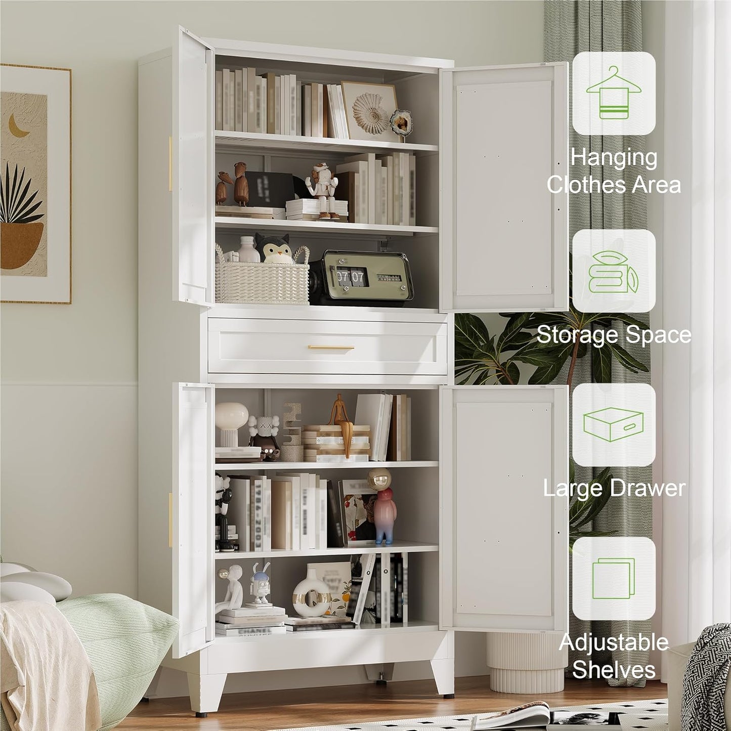 71" Tall Metal Storage Cabinet with Adjustable Shelves,Farmhouse Kitchen Pantry Cabinet with 2 Barn Doors and Drawer,Large Storage Cabinets for Dining Room,Bathroom,Living Room(White)