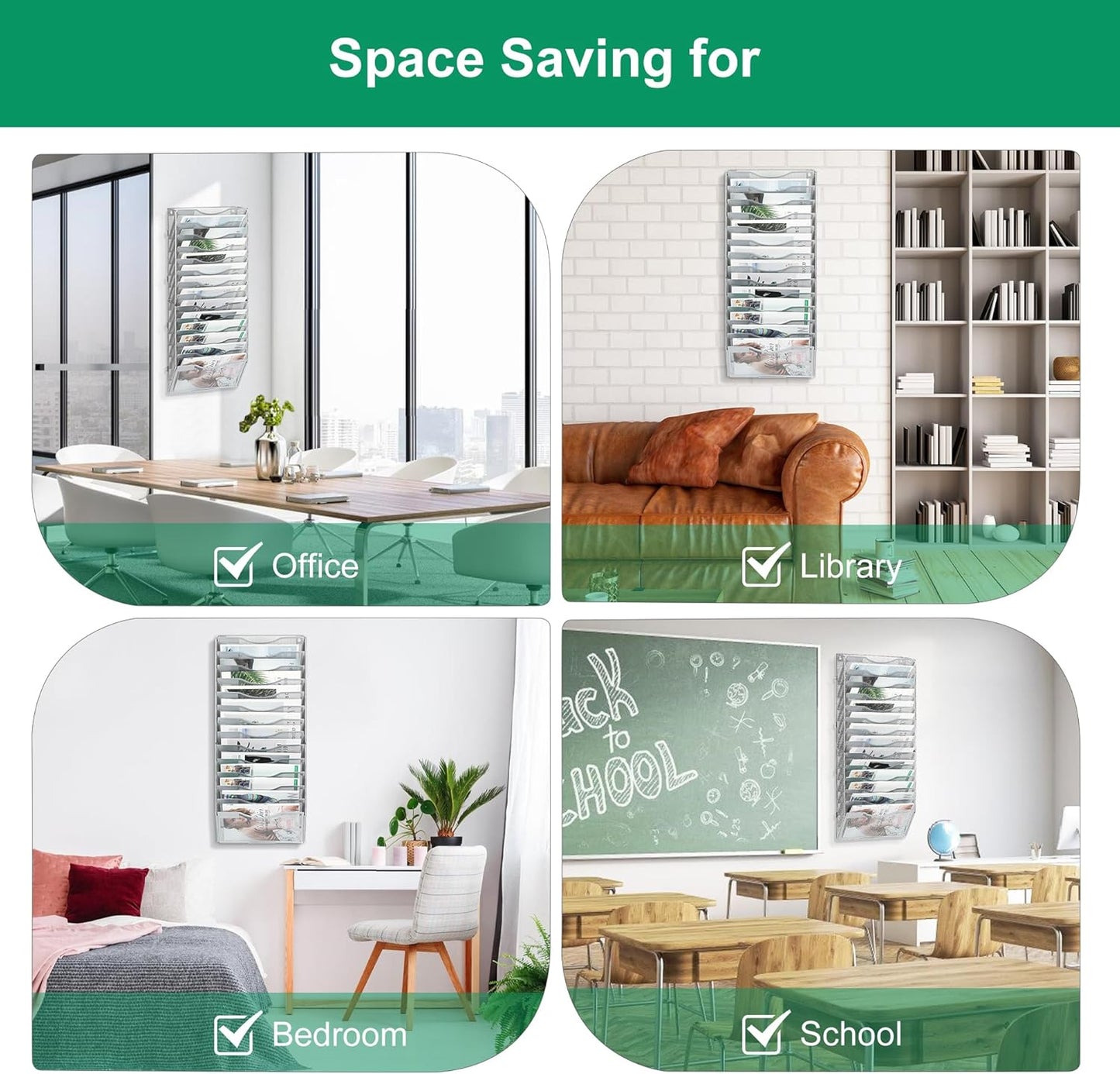 14-Pocket Wall File Organizer, Hanging Mail Organizer Wall Mounted Paper Document Holder, Metal Clipboard Storage Basket for Office Home School Organization, Silver