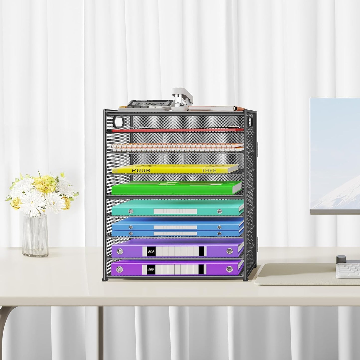 9 Tier Paper Organizer with Handle, Large Capacity Desk Organizer Mesh Paper Letter Tray File Folder Document Sorter for Classroom and Office Accessories Organization- Grey (2 Pack)