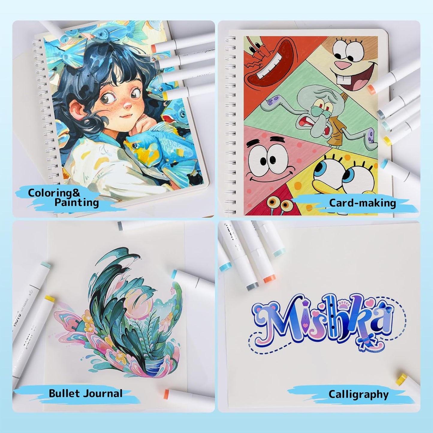 Alcohol Markers Brush Tip -60 Virant Colors Daul Tips Art Markers Set, for Artist Adults Coloring Illustrations, with Seamless Blending, Colorless Blender, Anti-Bleeding Pad, &Premium Ink