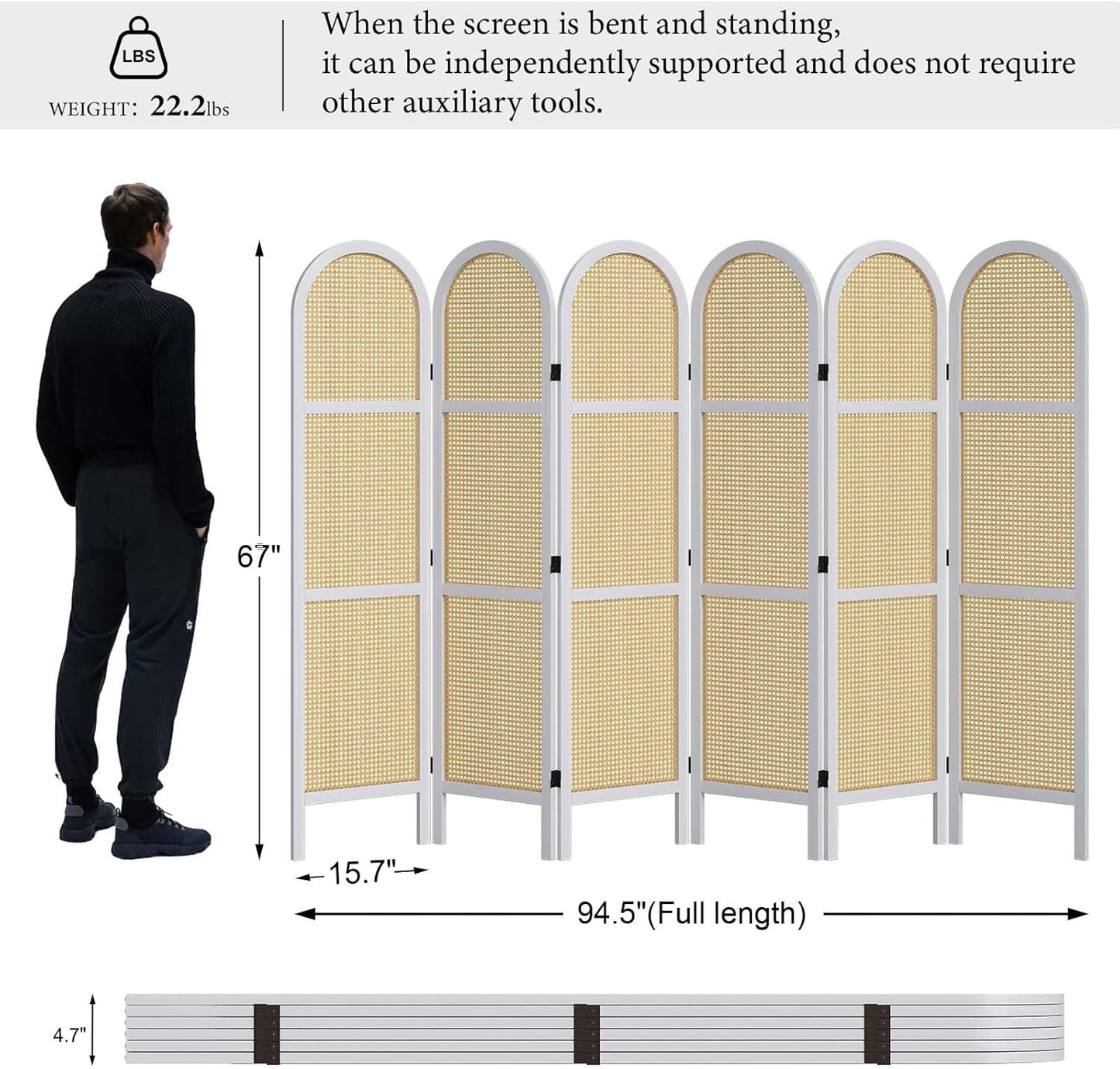 Room Dividers and Folding Privacy Screens, 5.6 Ft Double Hinged Rattan Partition Freestanding Wall Room Divider for Home - 6 Panels (White)