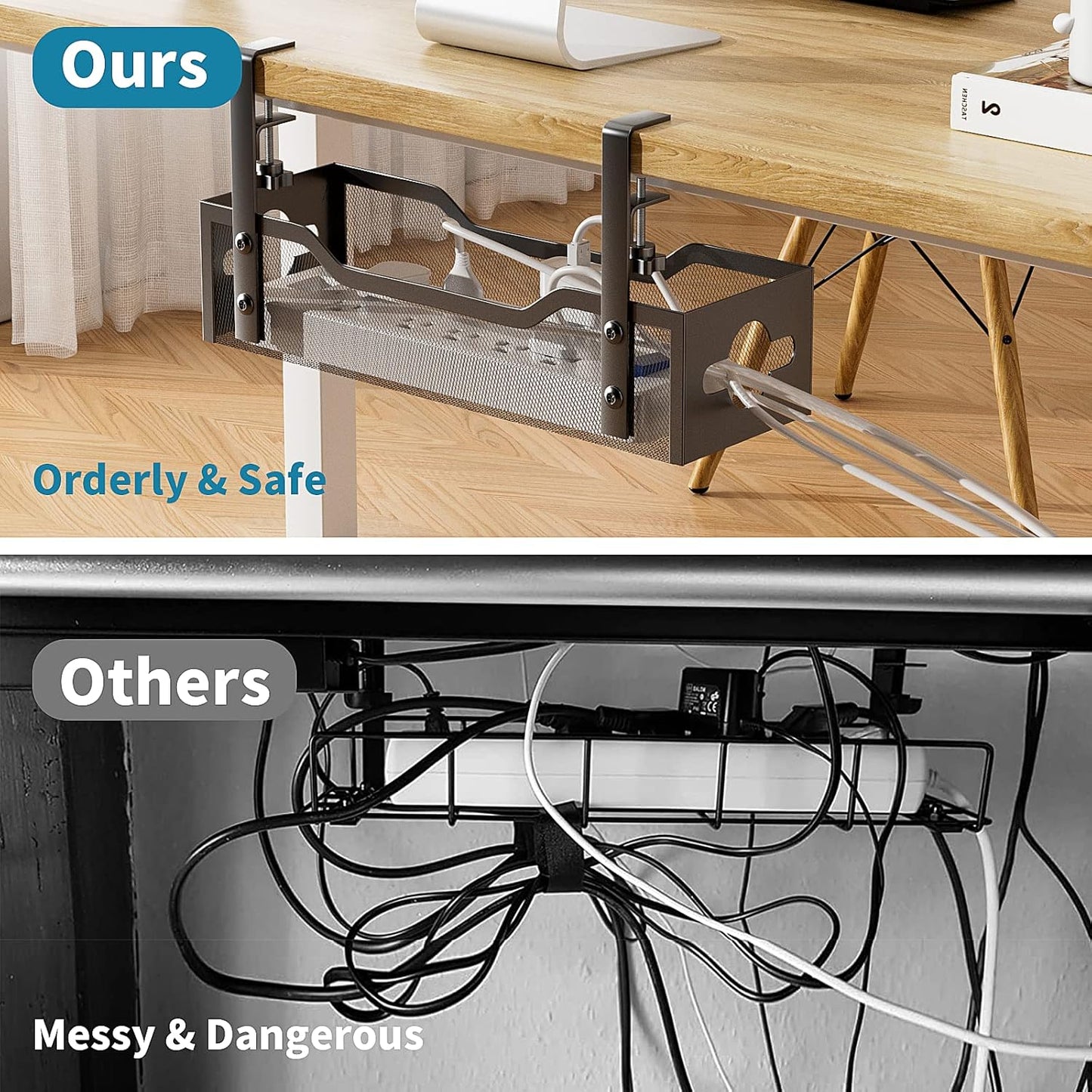Under Desk Cable Management Tray 2 Pack, Cable Management Under Desk No Drill, Desk Cable Organizer with Clamp Easy to Install for Standing Desk Cord Organizer, Desk Wire Management No Damage to Desk