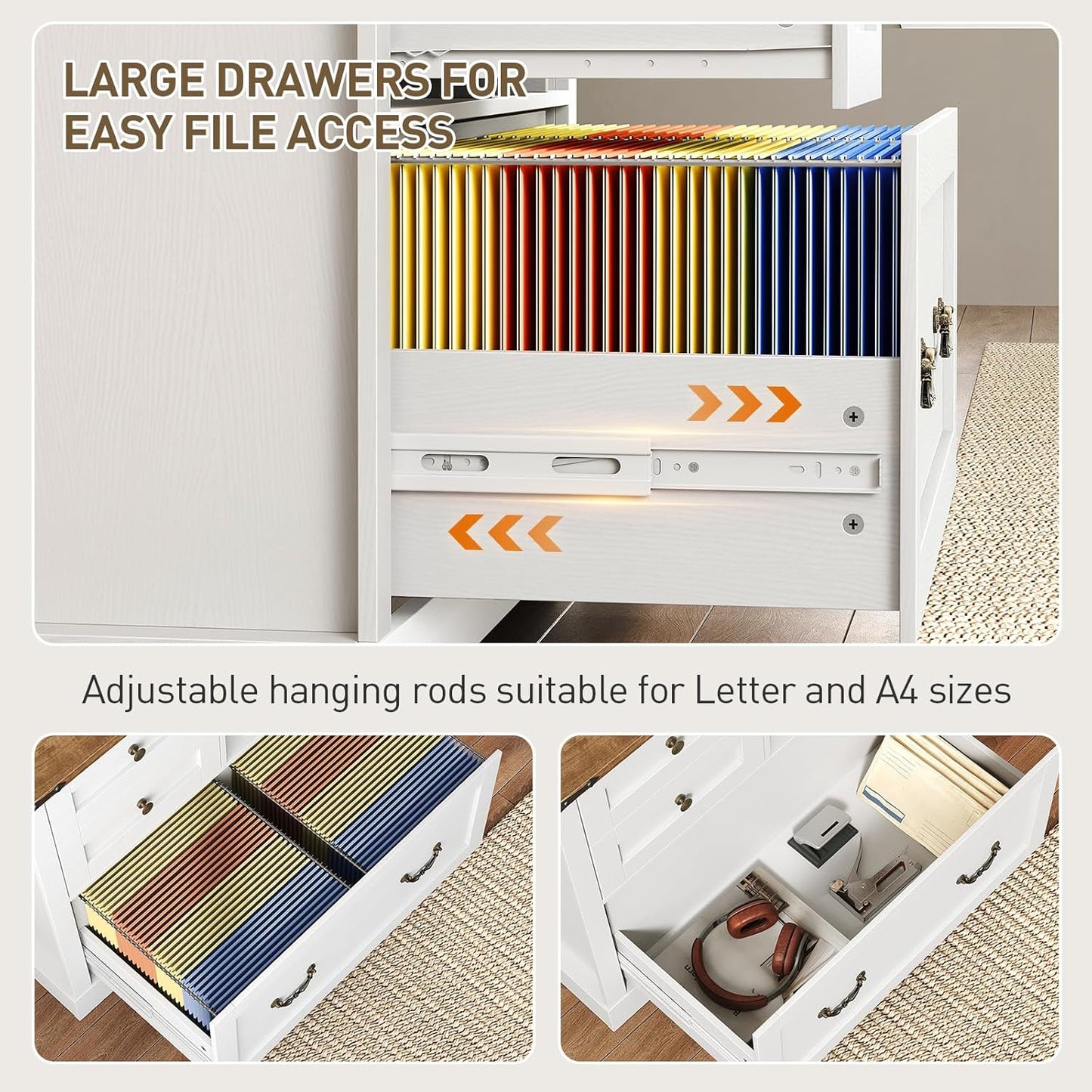 Farmhouse File Cabinet for Home Office, Lateral Filing Cabinet with 3 Drawers & Folder Organizer, Office Storage Cabinet for A4 Letter Files, Printer Stand with Storage Cabinet, White & Walnut