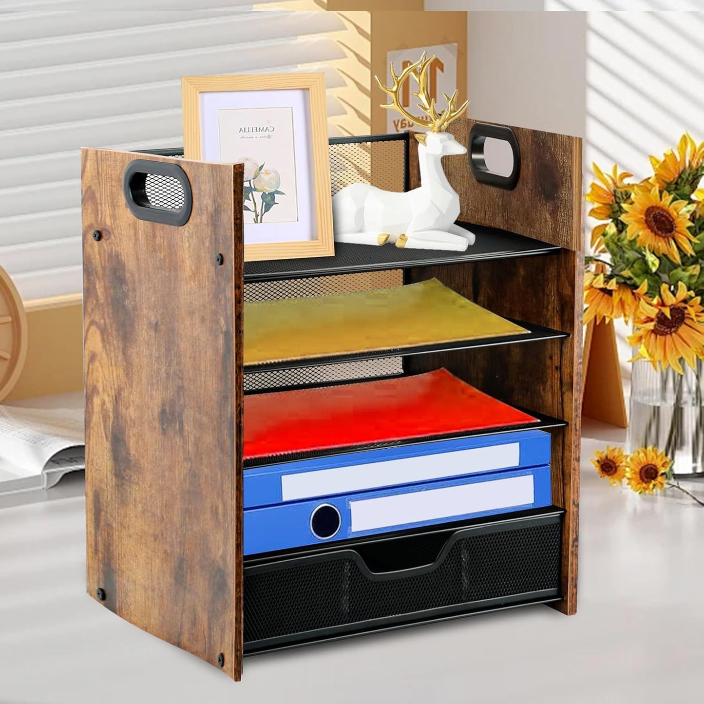 Wood Desk Organizer - 5-Tier Desktop File Organizer with Drawer, Wooden Paper Tray, Office Desk Organzier and Accessories for Papers, Mail, Notebooks, Stationery