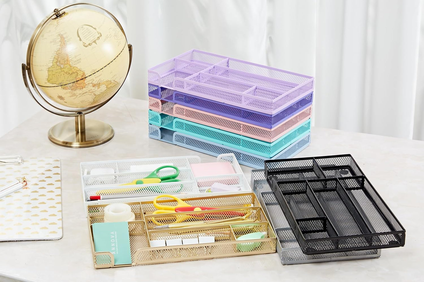 Annova Desk Drawer Organizer/Storage Tray - Metal Mesh with Dividers for Pens, Desktop Accessories, Bathroom, Kitchen, Makeup and Office Supplies (Small, Morandi Blue)