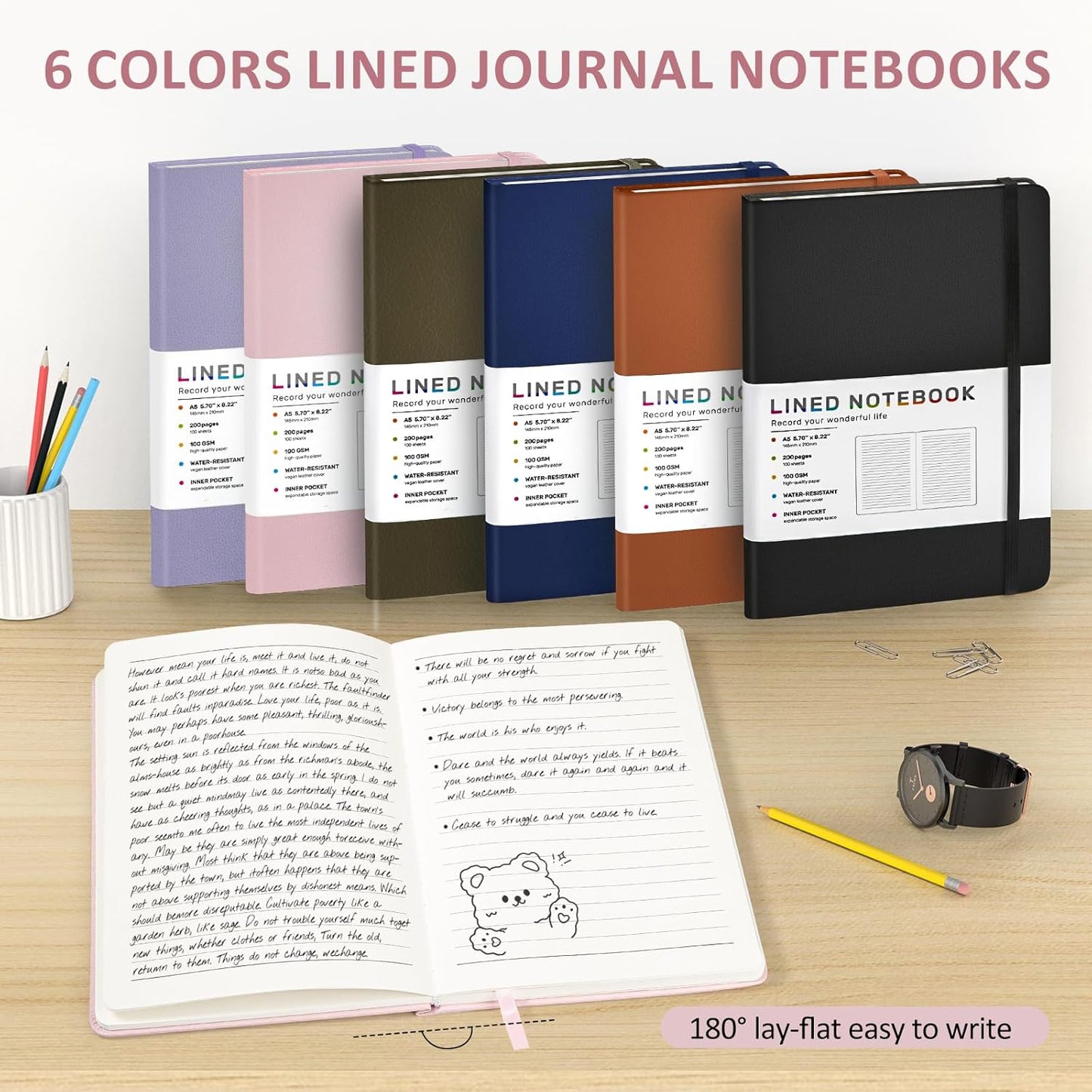 Lined Journal Notebook for Women Men, 200 Pages A5 Hardcover Leather Journals 5.7” x 8.3”, A5 College Ruled Notebooks with 100 GSM Thick Paper for Writing,Travel,School,Office,Work,Business(Pink)