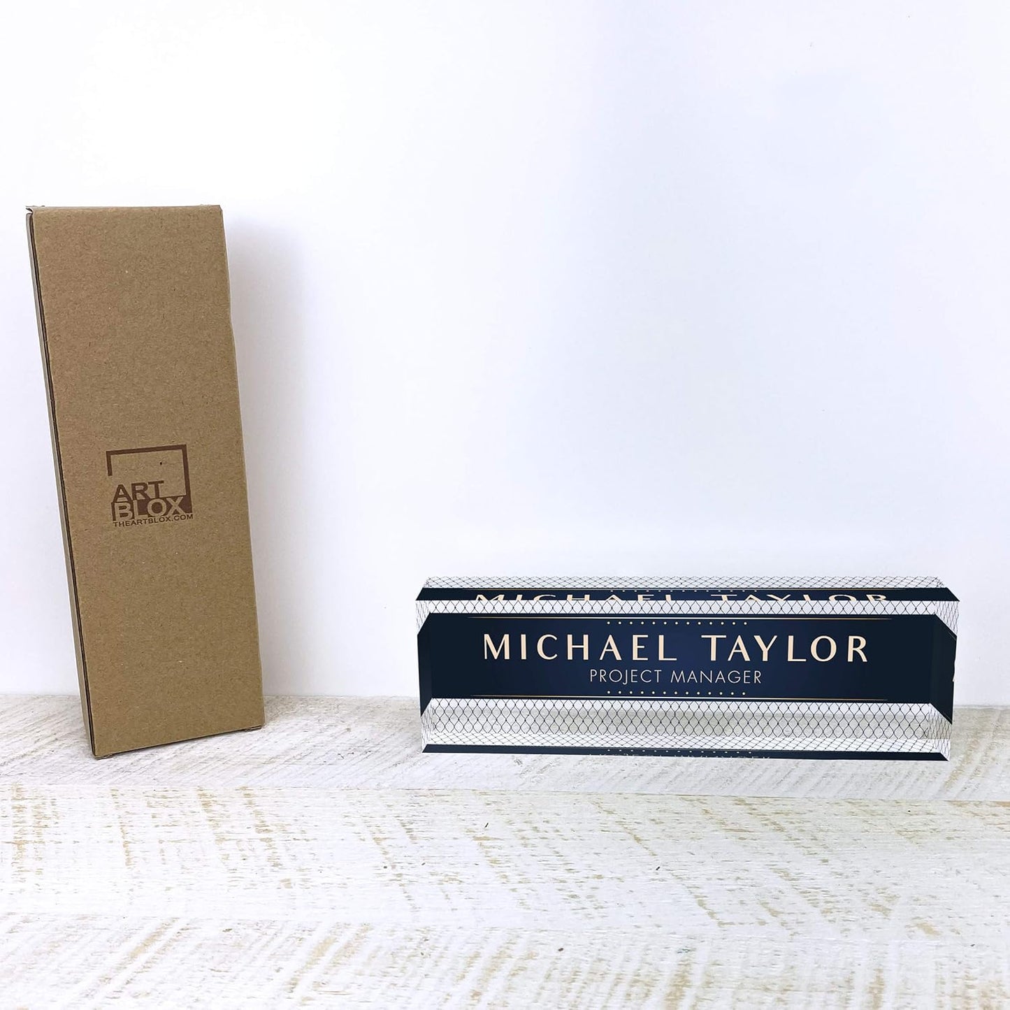 Artblox Office Desk Name Plate Personalized | Custom Name Plates for Desks | Net Shape Design On Clear Acrylic Glass | Office Desk Decor - (8" x 2.5")