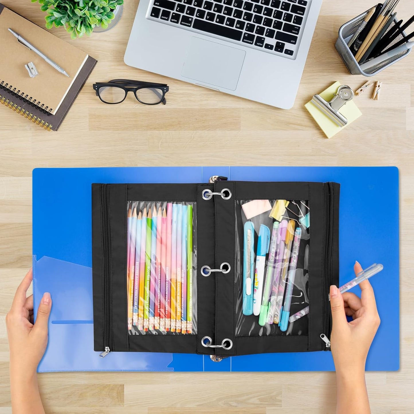 IKAYAS 5 Pack Black Pencil Pouch for 3 Ring Binder Colorful Pencil Pouch with Zipper Bulk, 3 Ring Binder Pencil Pouches Pencil Case Pencil Bags for Classroom Storing School Teacher Supplies