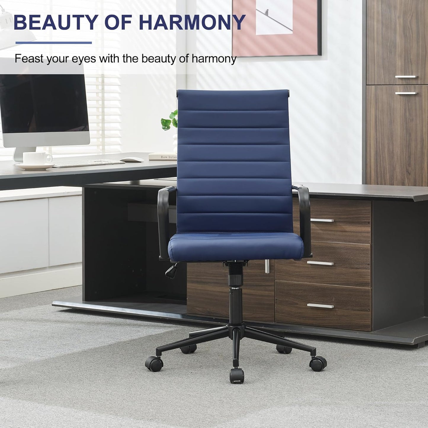 Okeysen Office Desk Chair Conference Room Chairs Modern Ergonomic Executive Swivel Chair Adjustable Height PU Leather Home Desk Chairs with Armrests Comfy Computer Task Chairs with Wheels (Navy Blue)