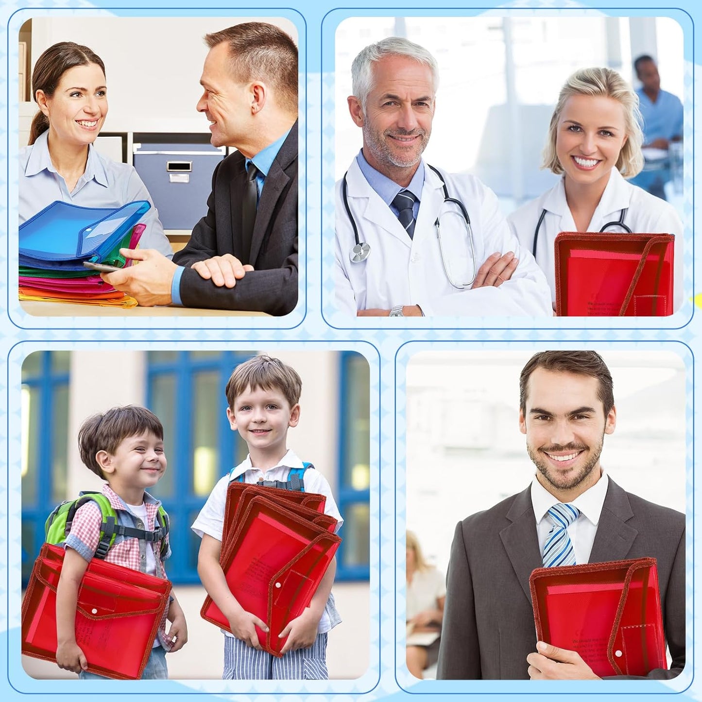 4 Pack A4 Expanding Plastic File Folders Waterproof Document Organizer with Snap Button Multiple Pockets, Office Home Office Storage (Red)