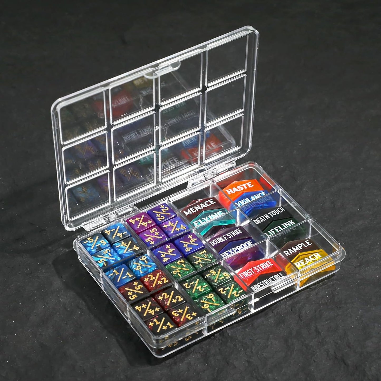 48PCS MTG Tokens & 12mm Dice Counter for Magic The Gatering, MTG Abilities Keyword Buff Tokens Life Counters 6 Sided Dice, Compatible with TCG Card Gaming Accessories CCG Creature Stats