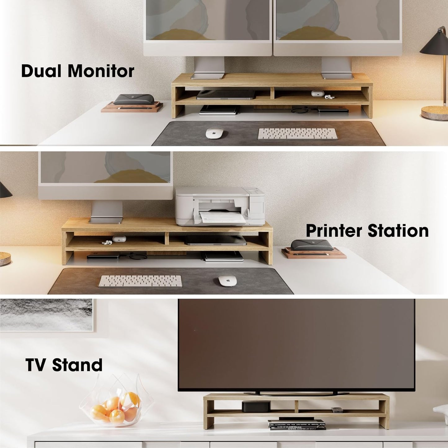 Fenge Monitor Stand, 31.5 Inch Computer Monitor Riser for Desk, 2 Tiers Wood Desk Shelf with Storage, Desktop Organizer for PC, Laptop, Screen, Printer