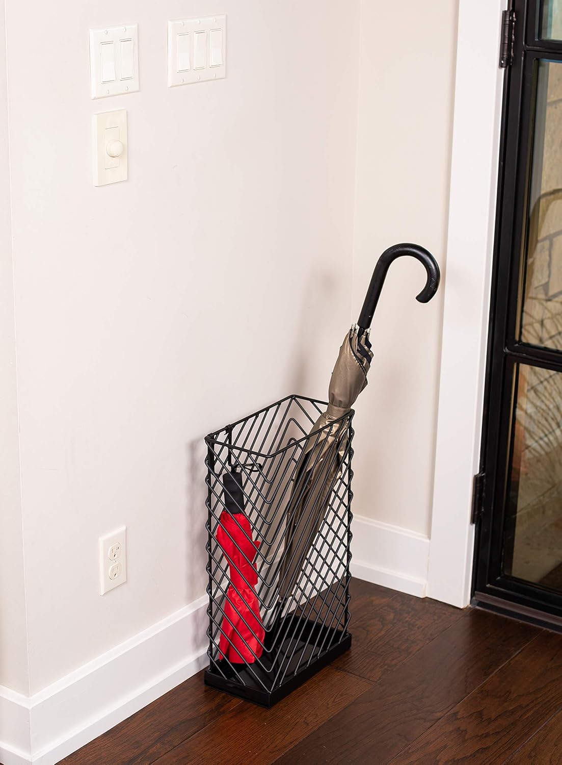 BIRDROCK HOME Decorative Umbrella Stand with Removable Water Tray - Large Metal Umbrella Rack and Cane Walking Stick Organizer for Entryway - Umbrella Holder for Indoor & Outdoor - Black, Diagonal