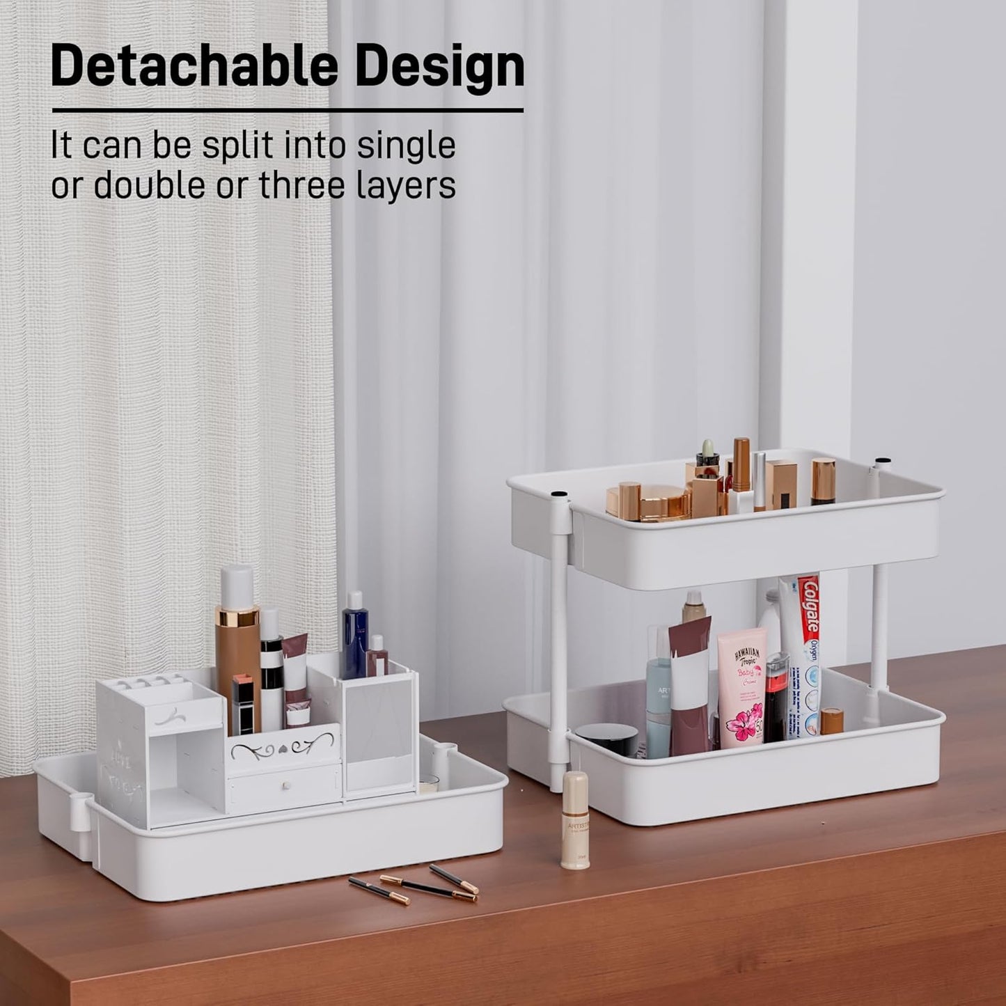 TECBOT 3 Tier Metal Rolling Cart with Wheels, Utility Storage Cart with Handle and Lockable Casters, Storage Basket Organizer Shelves, Easy Assemble for Kitchen, Living Room, Office, Nursery, White