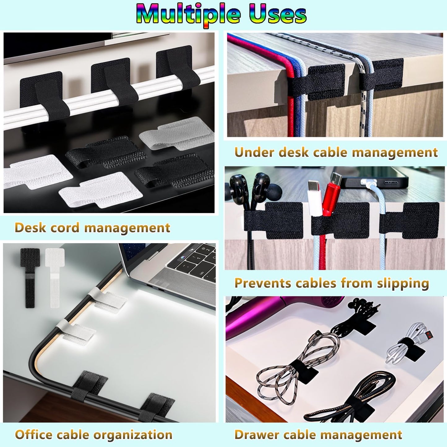 Desk Cable Management, Wire Organizers for Cords - Upgrade 48 PCS Grey Sticky Back Self Adhesive Cable Ties, Hook and Loop Straps for Home or Office Use