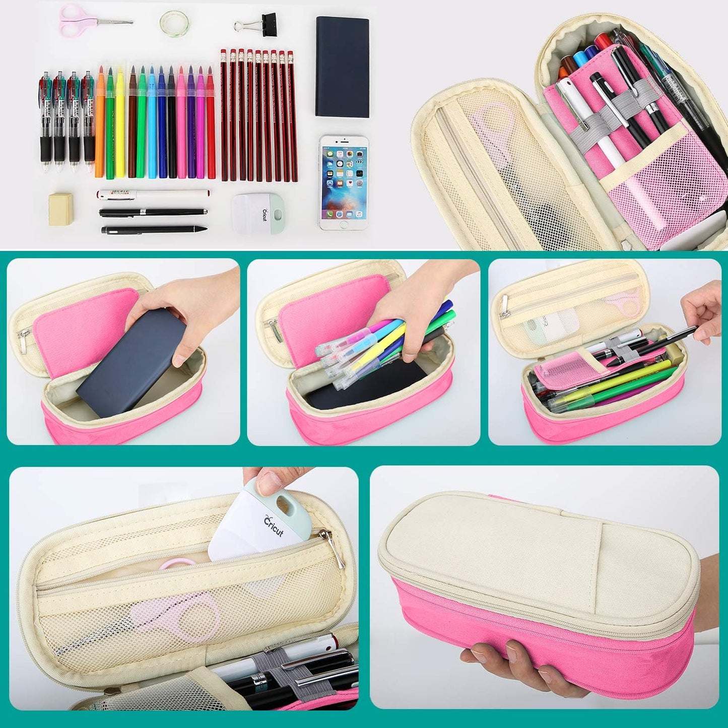 MoKo Large Capacity Pencil Pen Case, Big Capacity Storage Bag Pouch Box, Stationery Organizer with Zippers for Office/School Supplies - Beige & Pink