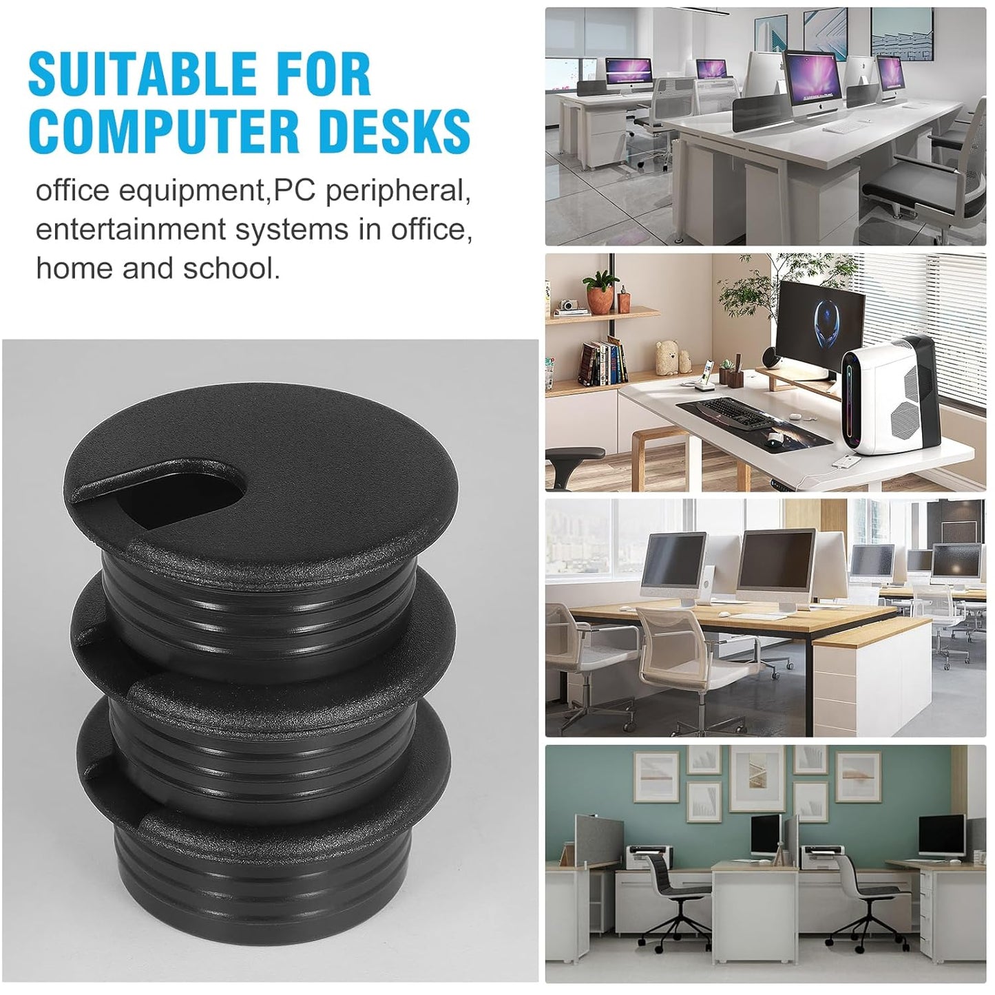 1-1/2" Black Desk Grommet with Bi-Metal Hole Saw, JTemgle Plastic Cable Hole Cover Computer Table Cord Wire Organizer Caps, Desktop Cord Management for Home Office TV Stands Tabletops, 7 Pieces