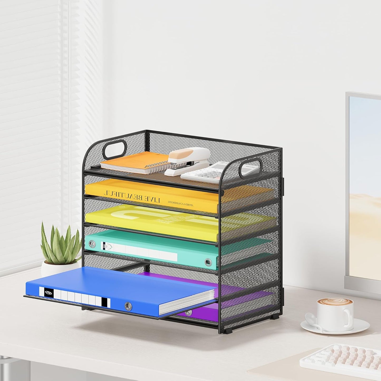 6 Tier Paper Organizer with Handle, Metal Desk Organizer Mesh Paper Letter Tray Desktop File Folder Document Sorter for Classroom, School, Office Accessories Organization and Storage - Black