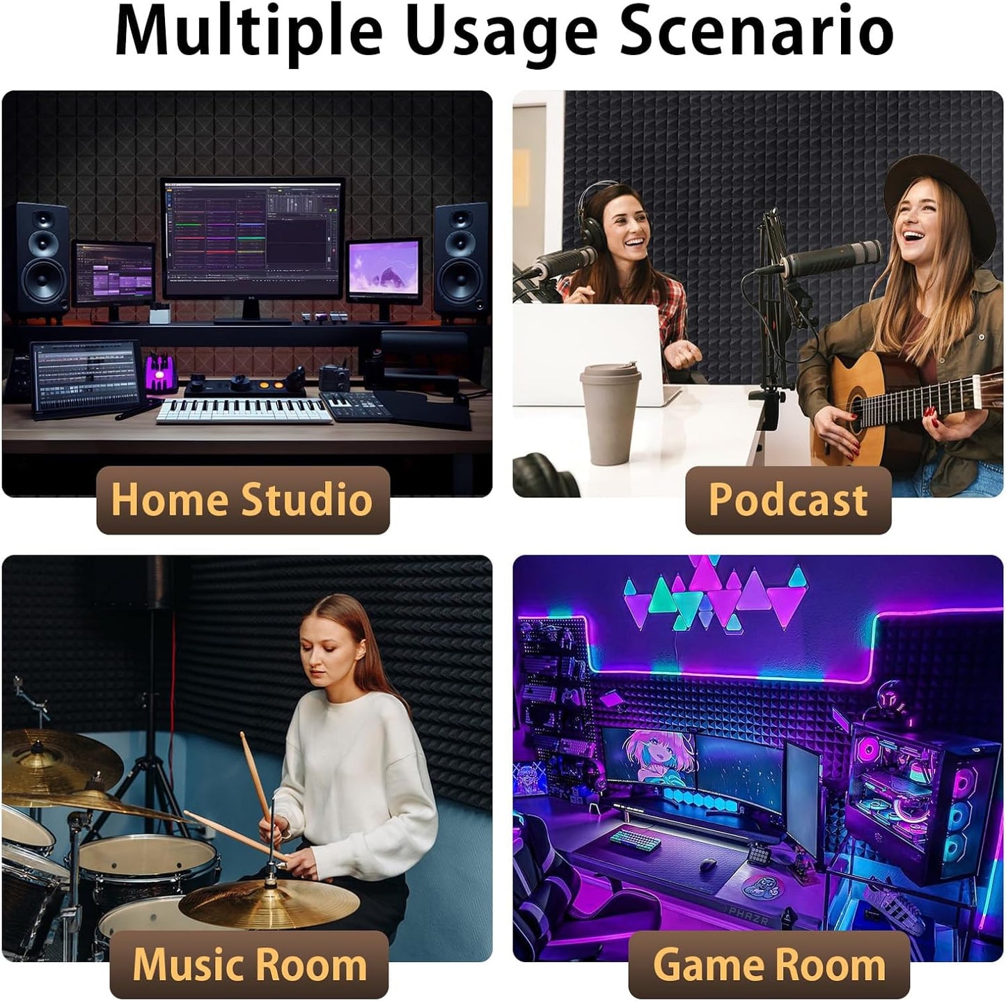 36 Pack Sound Proof Foam Panels for Walls 12" X 12" X 2" Pyramid Acoustic Foam Panels with Self-Adhesive High Density Soundproof Wall Panels for Studio and Home