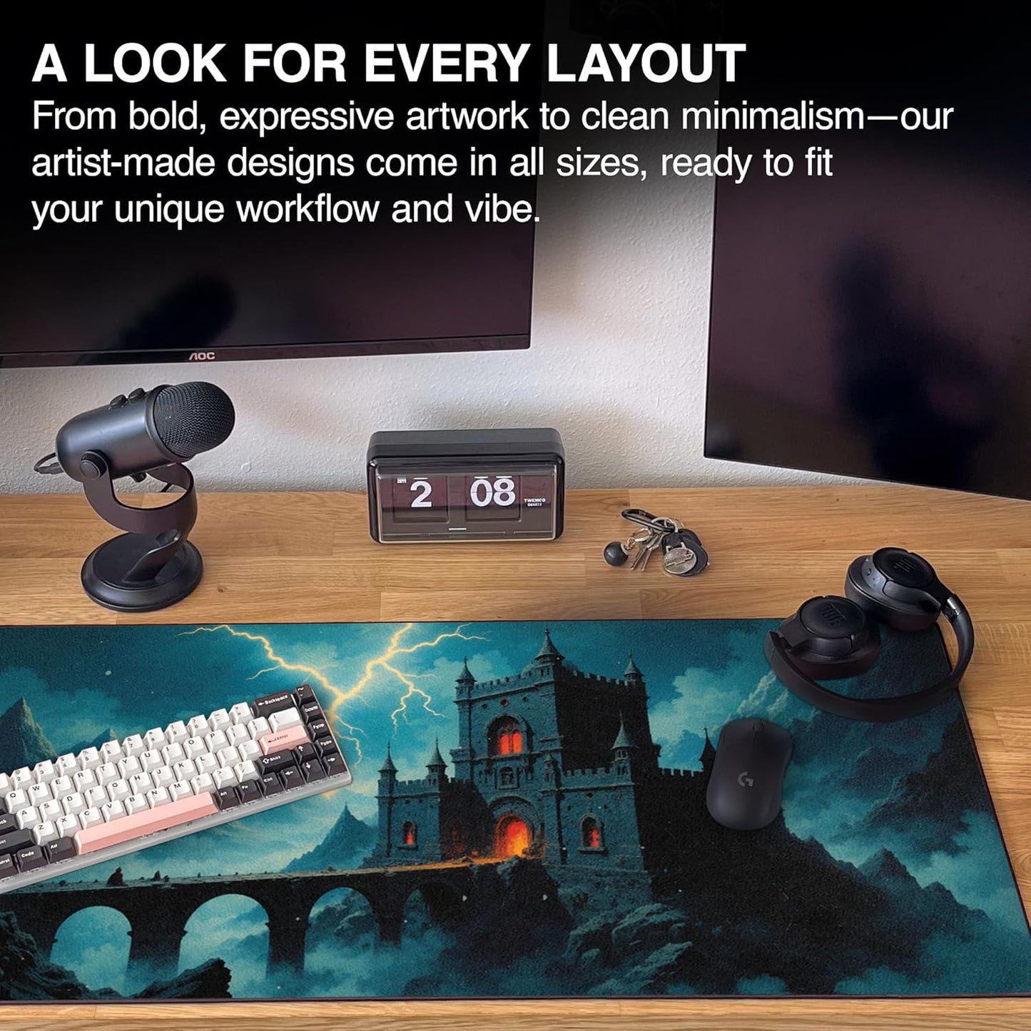 MPCO. Dark Fantasy Large Gaming Desk Pad - 36" x 17" Duraglyde Fabric Thunder’s Wrath Keep Desk Mats - Non-slip, Washable, Smooth Glide for Precision Gaming & Work