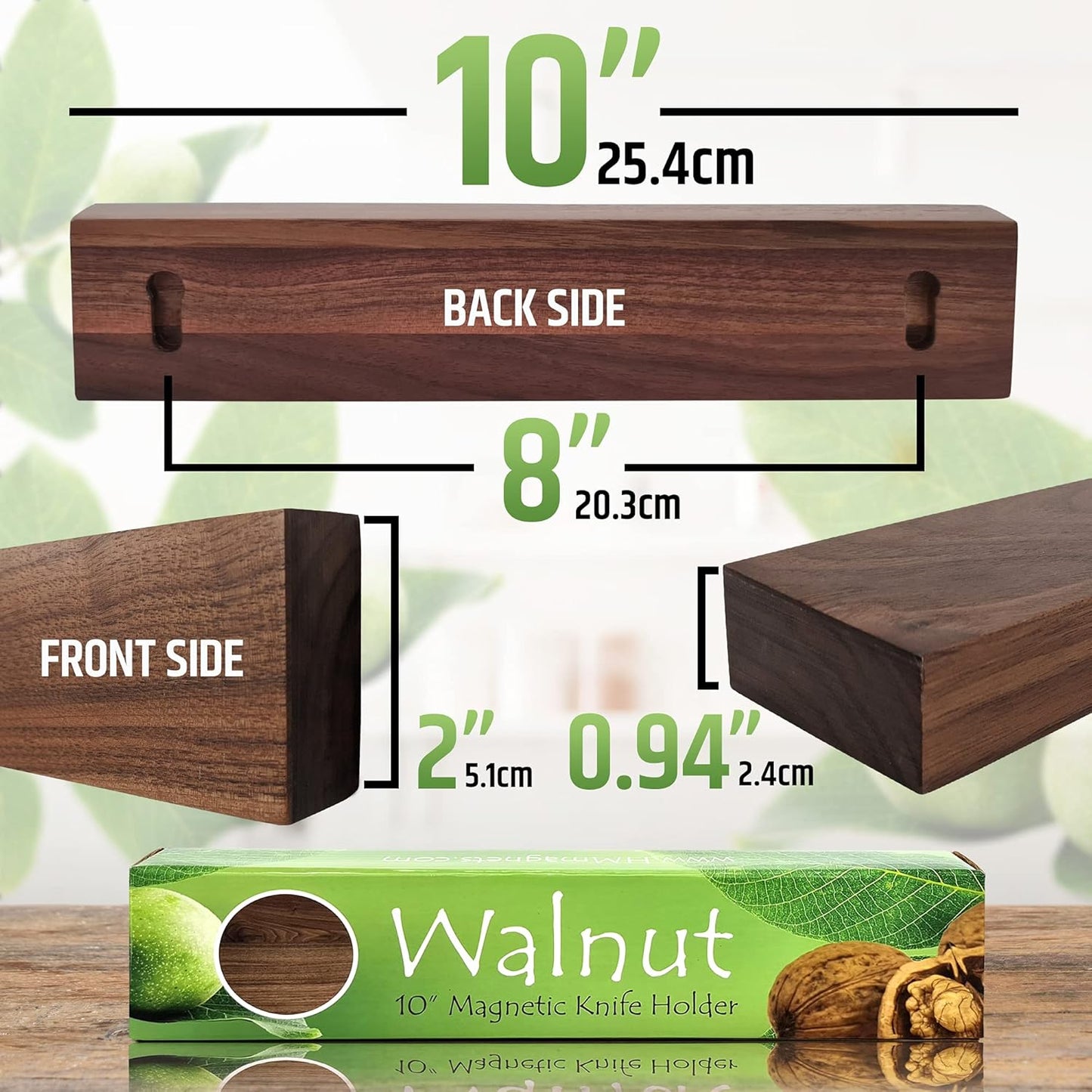 Premium 10 Inch (Small Size) Dark Walnut Wood Magnetic Knife Holder – Professional Wooden Magnetic Knife Strip - Space-Saving Knife Rack/Knife Bar With Powerful Magnetic Pull Force (Upgraded Version)