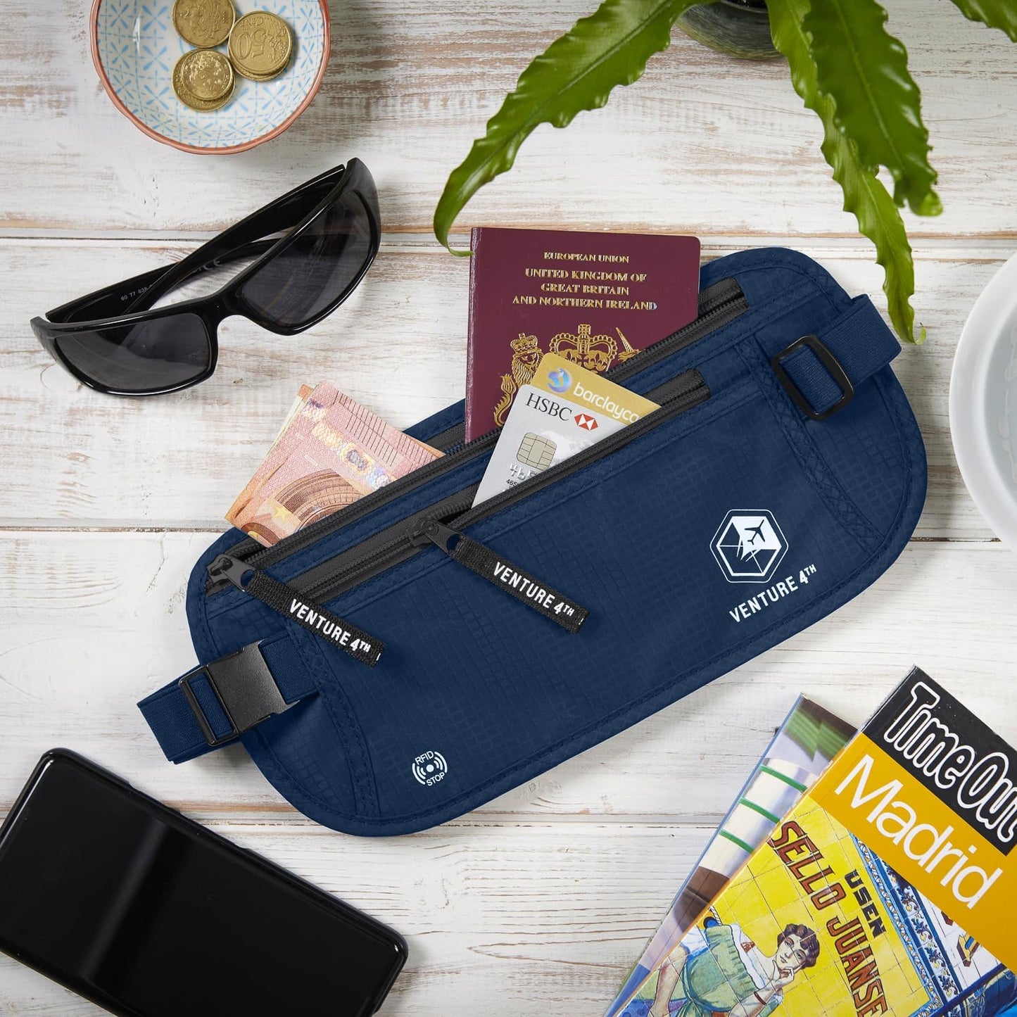 VENTURE 4TH Travel Money Belt - Slim Passport Holder RFID Blocking Travel Pouch to Protect Cash, Credit Cards and Travel Documents (Navy Blue)