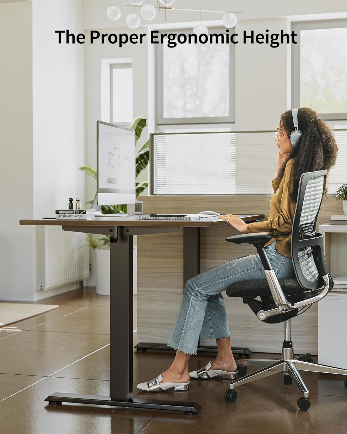 FEZIBO One-Piece Standing Desk Adjustable Height Stand up Home Office Desk, 48x24 Inch Electric Standing Computer Desk, with 4 Memory Presets, Fixable casters, Black Walnut