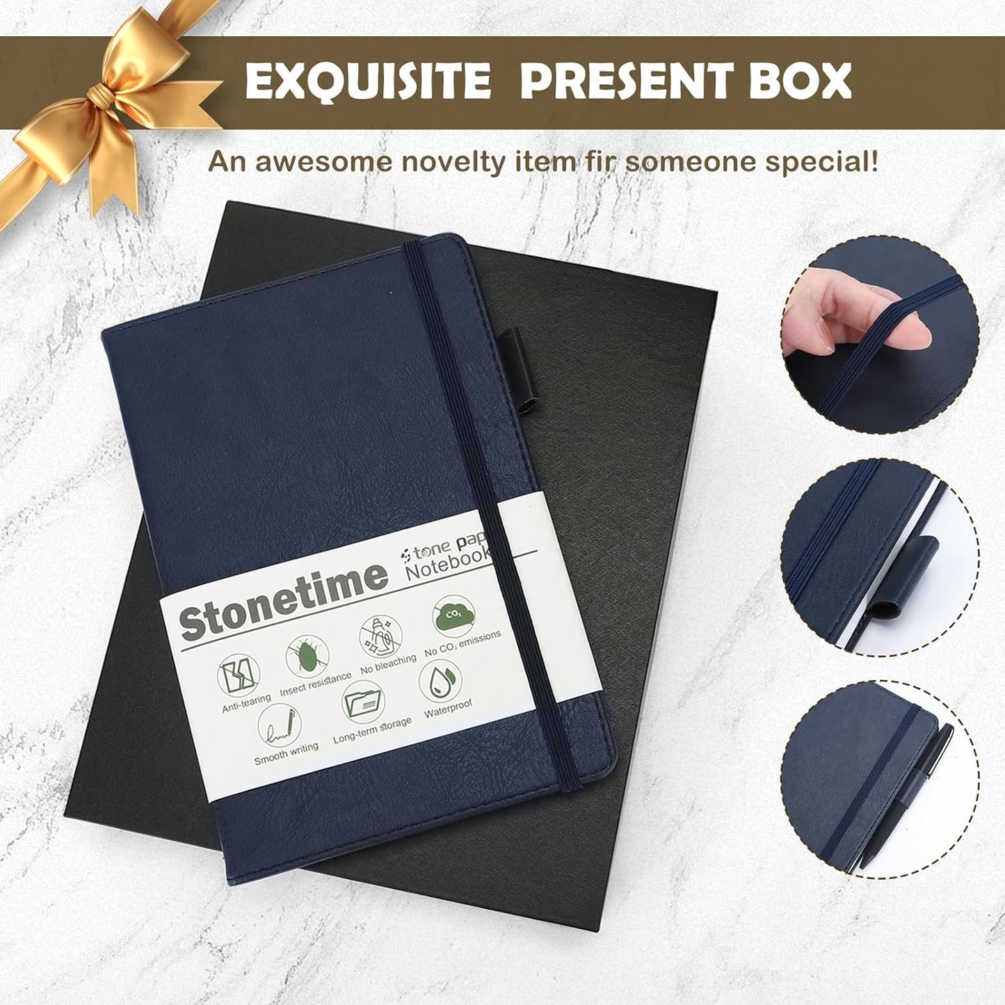 Stone Paper Notebook for Women Men, Waterproof Notebook Hardcover Executive Journal, Ruled Notebooks for Writing, Business, Work & School, 160 Pages Notebook with Gift Box (B5 Blue)