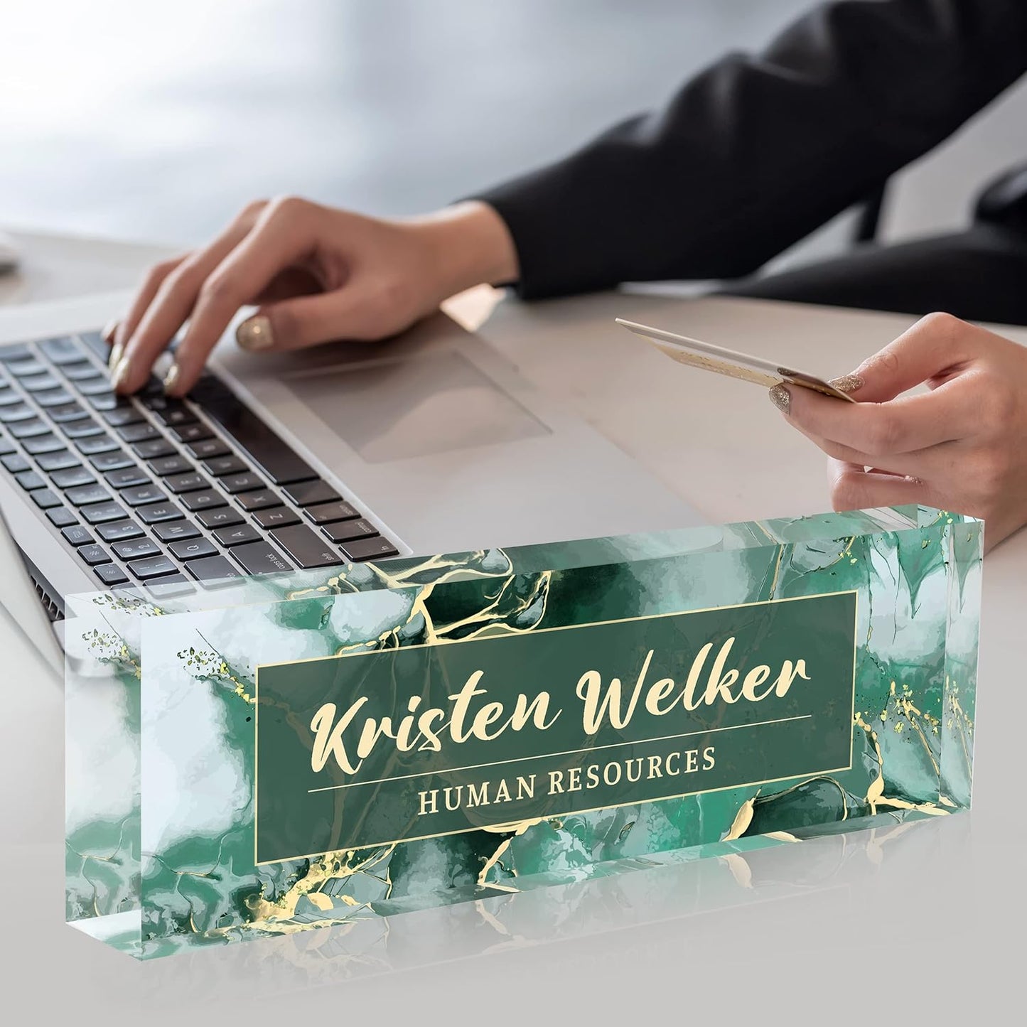 Office Desk Name Plate Personalized, Custom Name Plates for Desks, Name Plate Personalized for Office, Employee Appreciation Gifts (Green Marble2)