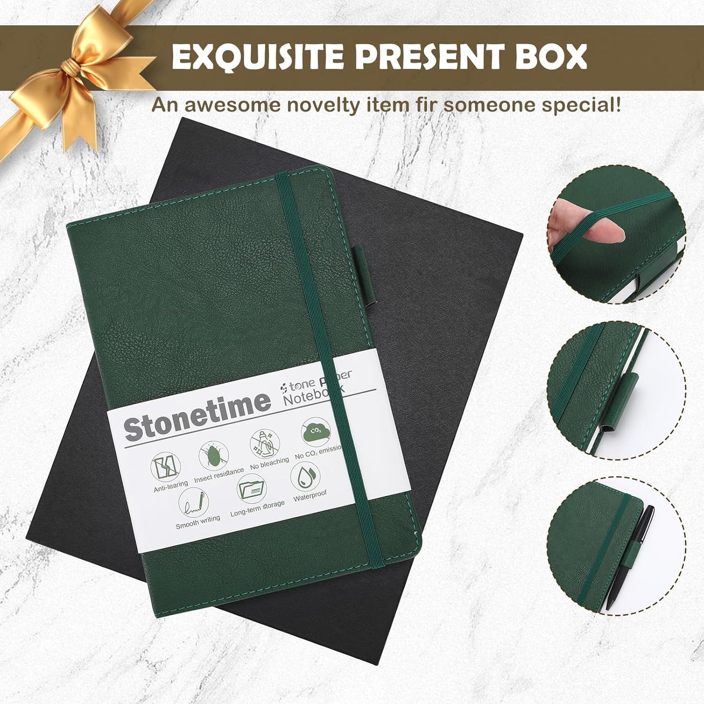 Stone Paper Notebook for Women Men, Waterproof Notebook Hardcover Executive Journal, Ruled Notebooks for Writing, Business, Work & School, 160 Pages Notebook with Gift Box (B5 Green)