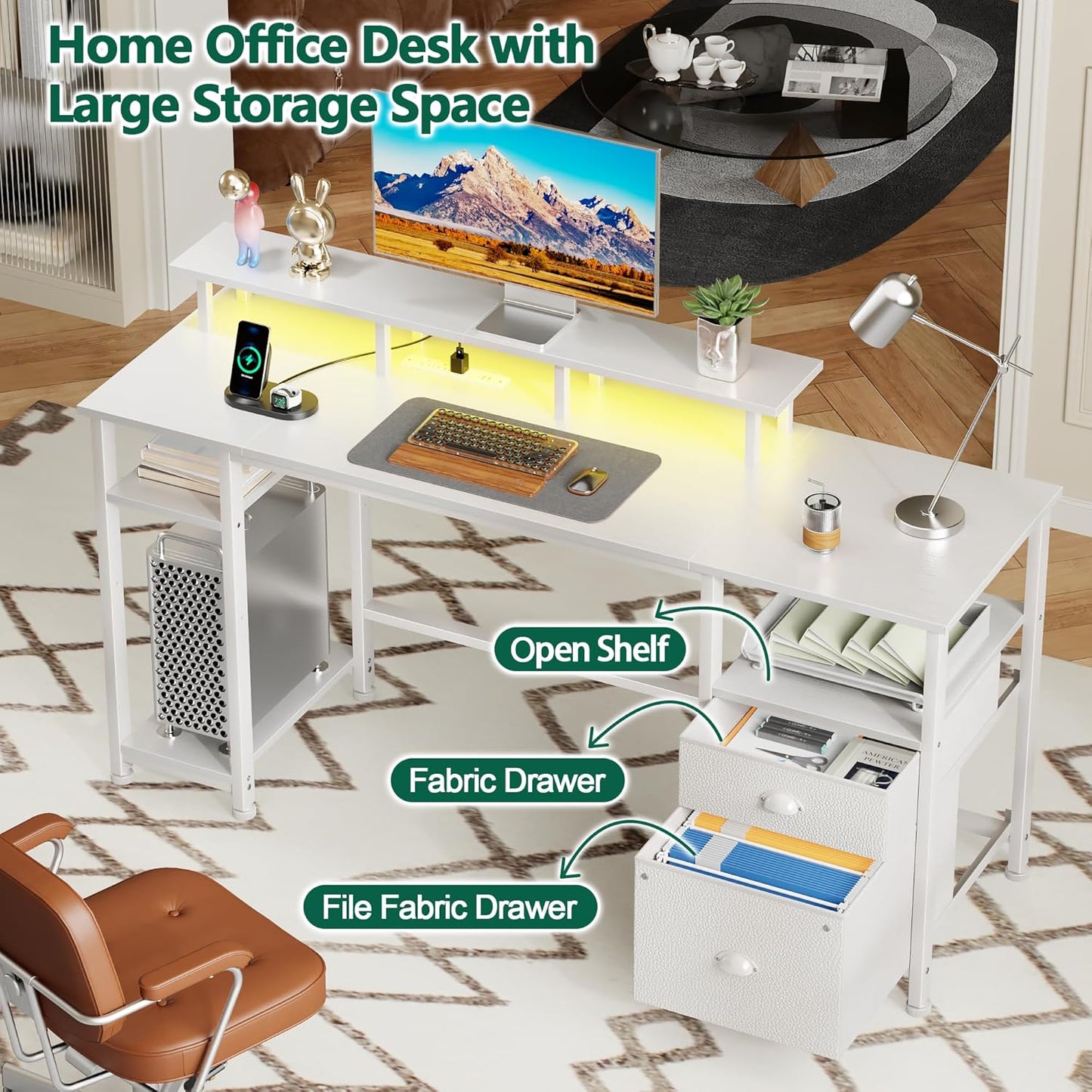 Furologee 61" Computer Desk with Power Outlet and LED Lights, Reversible Gaming Desk with File Cabinet & Monitor Stand for Home Office, Large Work Table with Storage Shelves & Drawer, White