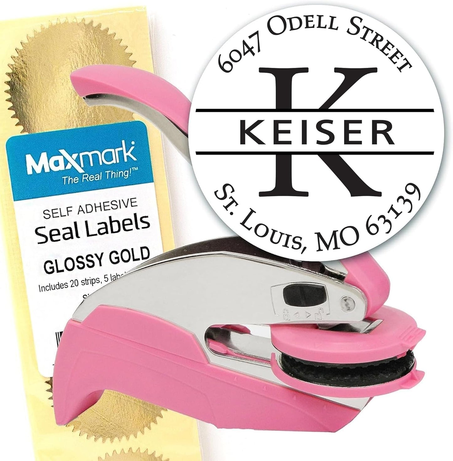 Custom Monogram Address Pink Embosser - Personalized Round Seal with 50 Gold Seal Labels - Style EM022