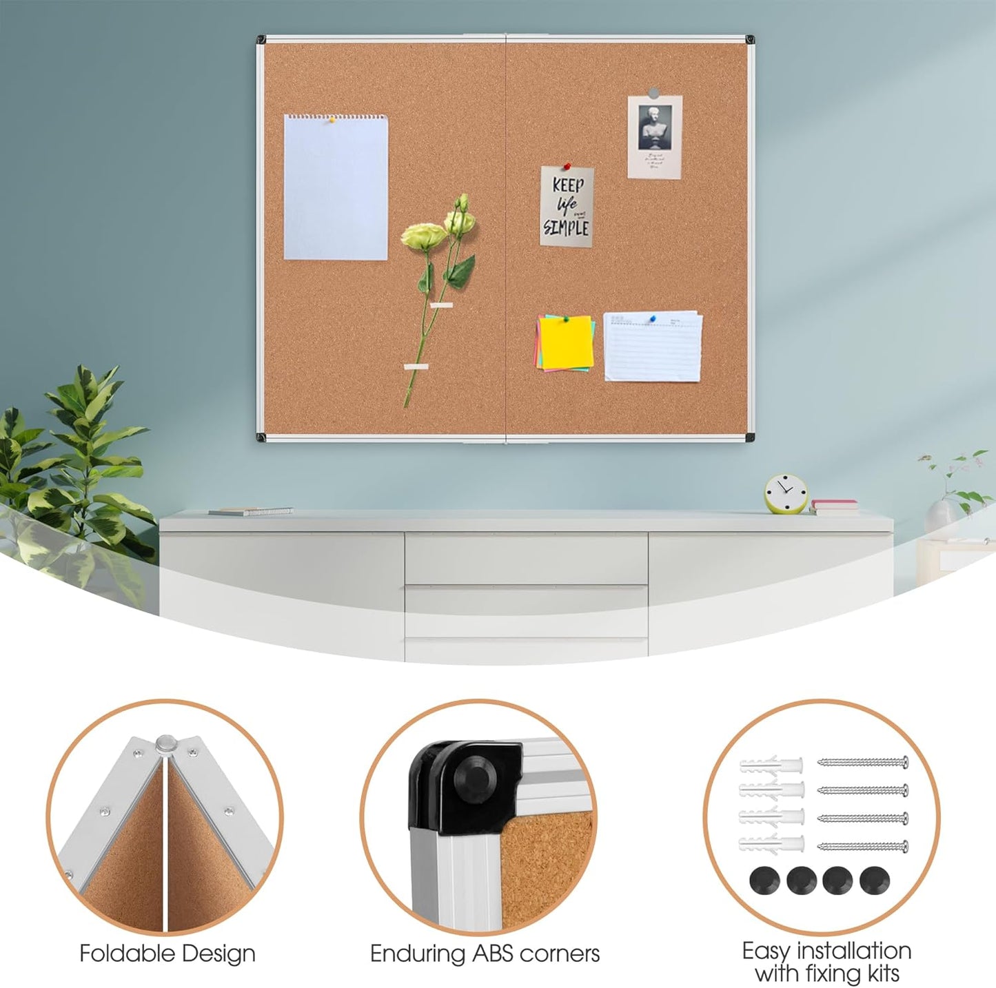 Board2by Extra Large Cork Bulletin Board 48" X 48", Foldable Notice Pin Board for Wall, Silver Aluminum Framed 4'x4' Corkboard, Wall Mounted Noticeboard with 36 Push Pins for School, Home & Office