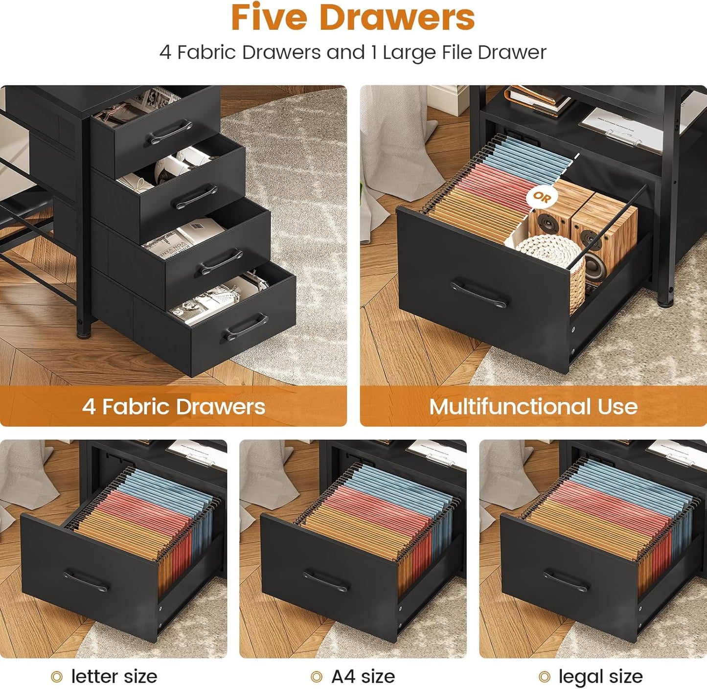 SEDETA 75'' Computer Desk with 5 Drawer, Power Outlet & Led Lights, Home Office Desk with File Drawer, Storage Shelves, Printer Cabinet and Monitor Shelf, 23.6" W Large Desktop Gaming Desk, Black