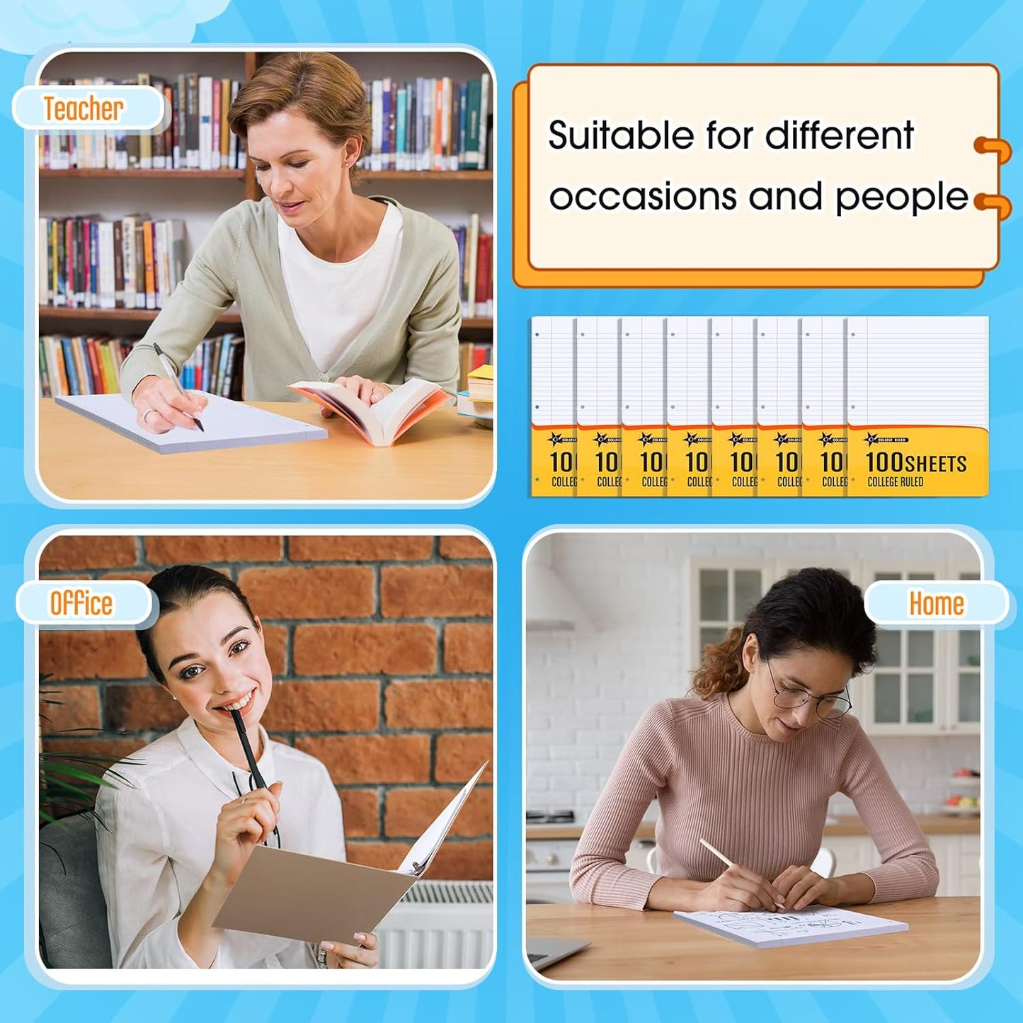 Fainne 20 Pack Notebook Paper Bulk College Ruled 8 x 10.5'' College Ruled Loose Leaf Paper Bulk Notebook Paper Lined Filler for 3 Ring Binders for College School Classroom 100 Sheets Per Pack