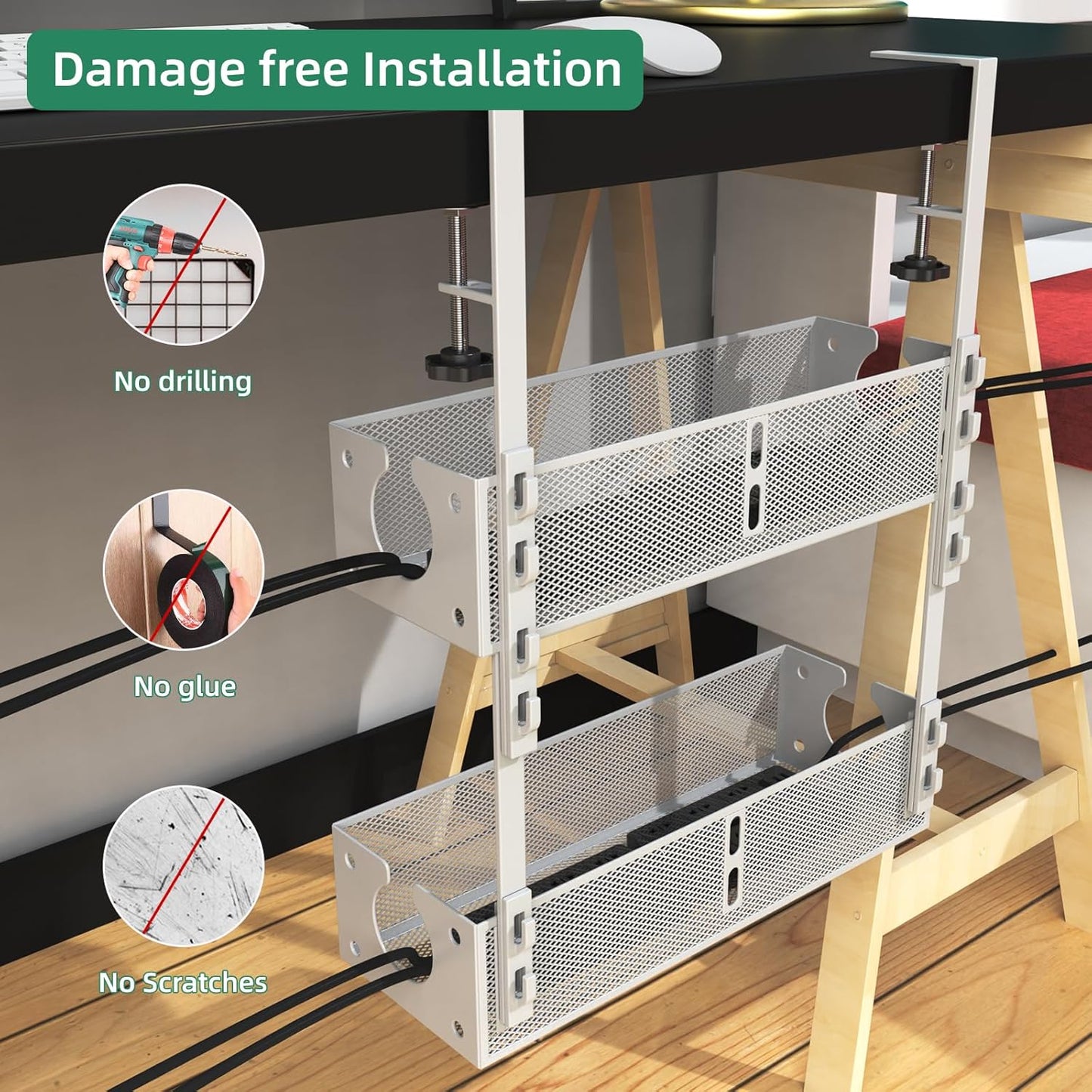 Multi-Model Under Desk Cable Management 2 Pack Metal Under Desk Wire Management Tray Clamp Mount Under Table Cord Management No Damage The Desk White