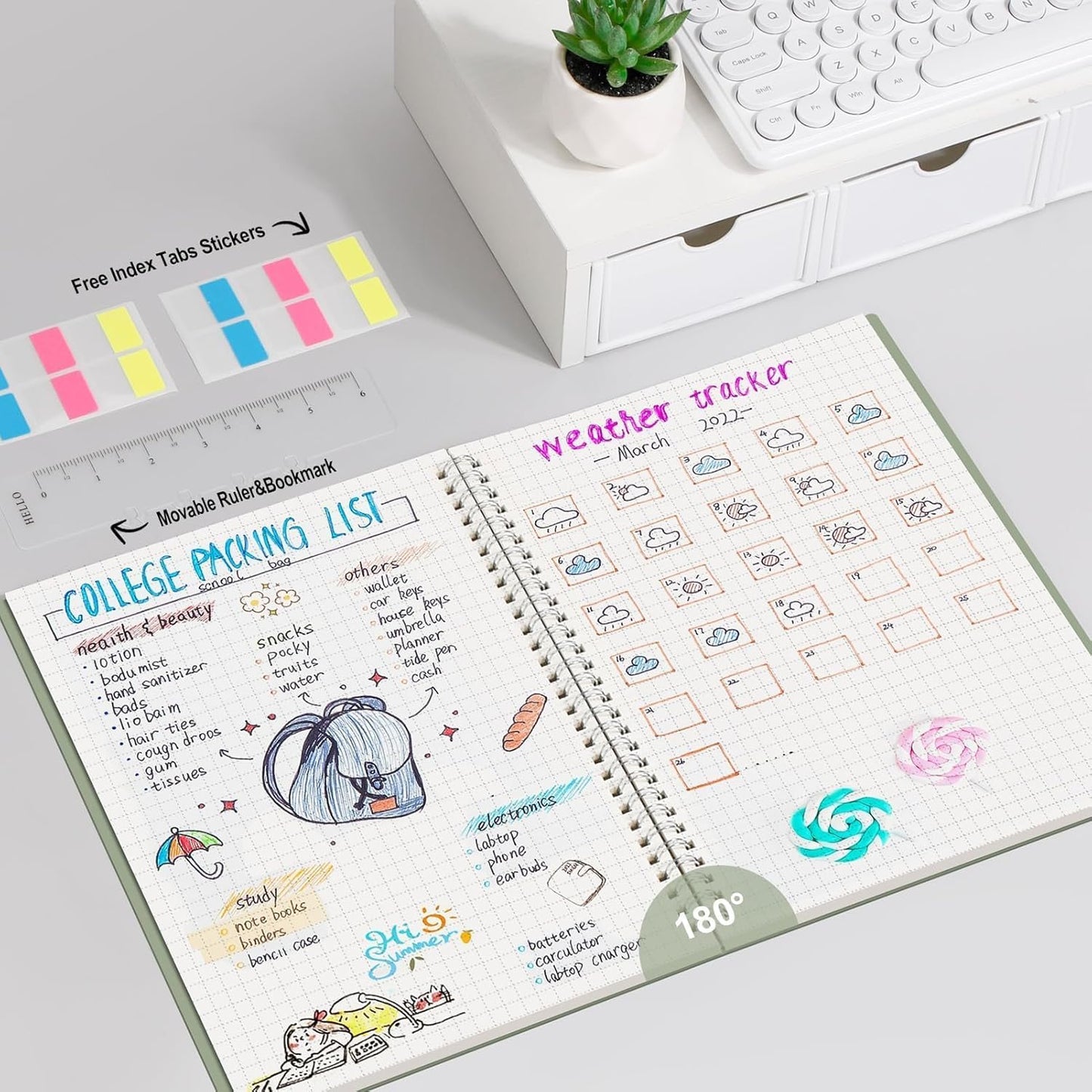 AHGXG Graph Paper Notebook - Spiral Notebook Journal 7.6" x 10", B5 Large Graph Notebook, 140 Pages, 100 gsm Thick Grid Paper, Waterproof Plastic Cover, for School Writing Engineering, Sage Green